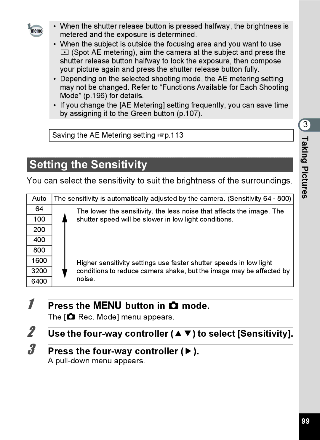 Pentax 15921 manual Setting the Sensitivity, Auto 