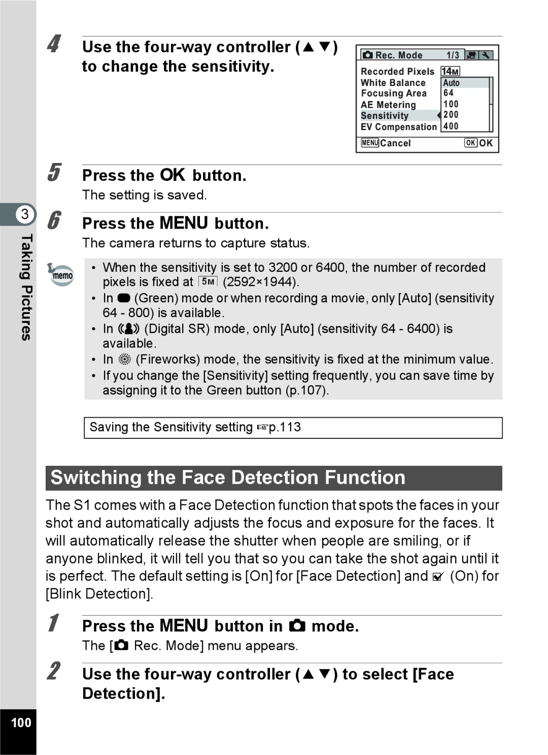 Pentax 15921 manual Switching the Face Detection Function, Use the four-way controller 23 to change the sensitivity, 100 