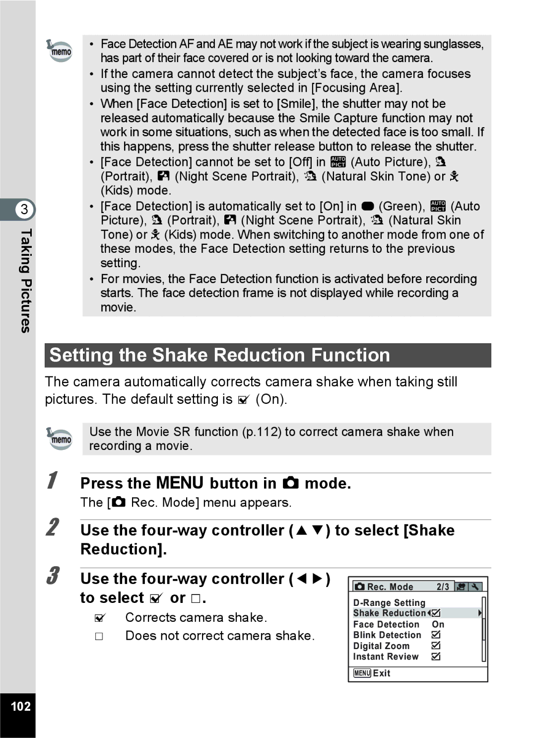 Pentax 15921 manual Setting the Shake Reduction Function, 102 