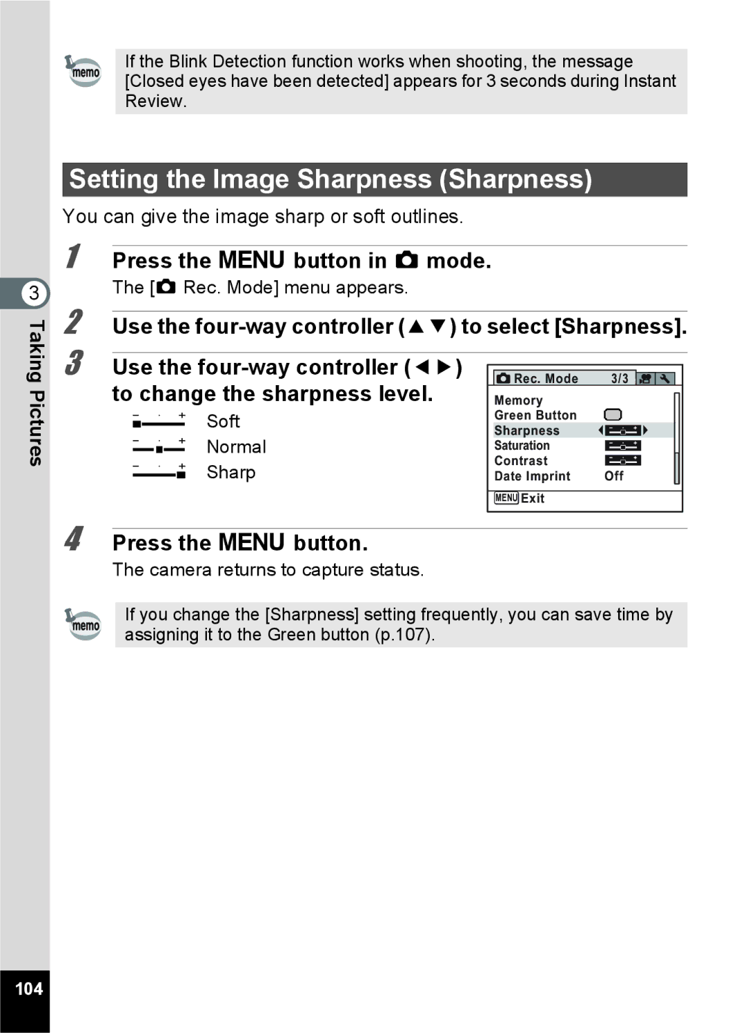 Pentax 15921 manual Setting the Image Sharpness Sharpness, Use the four-way controller 23 to select Sharpness, 104 