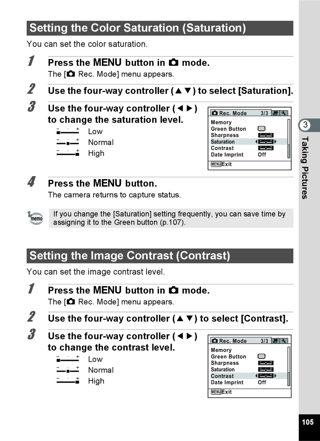 Pentax 15921 manual Setting the Color Saturation Saturation, Setting the Image Contrast Contrast, 105 