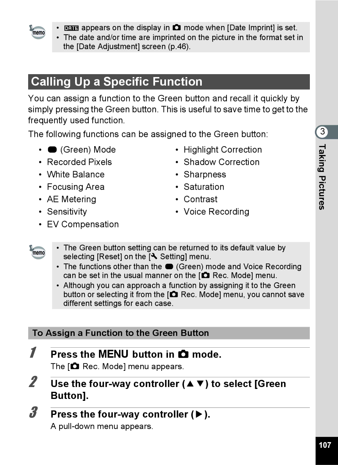 Pentax 15921 manual Calling Up a Specific Function, To Assign a Function to the Green Button, 107 