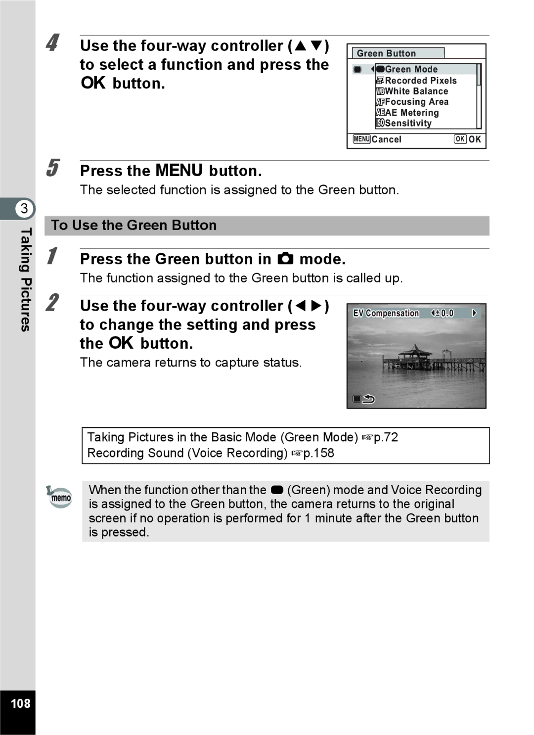 Pentax 15921 manual To change the setting and press 4 button, To Use the Green Button, 108 