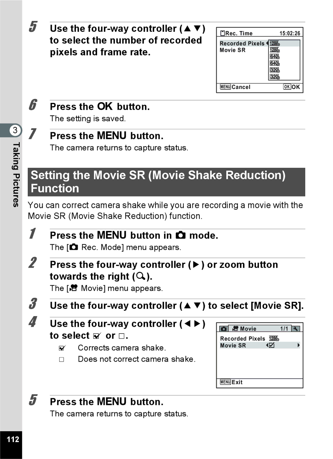 Pentax 15921 manual Setting the Movie SR Movie Shake Reduction Function, 112 