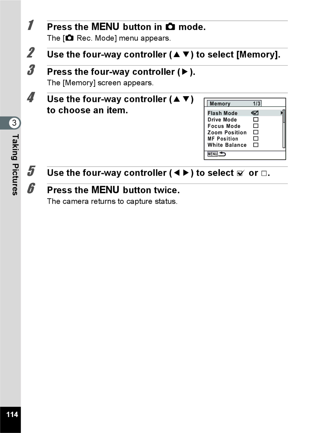 Pentax 15921 manual Use the four-way controller 23 to choose an item, 114 