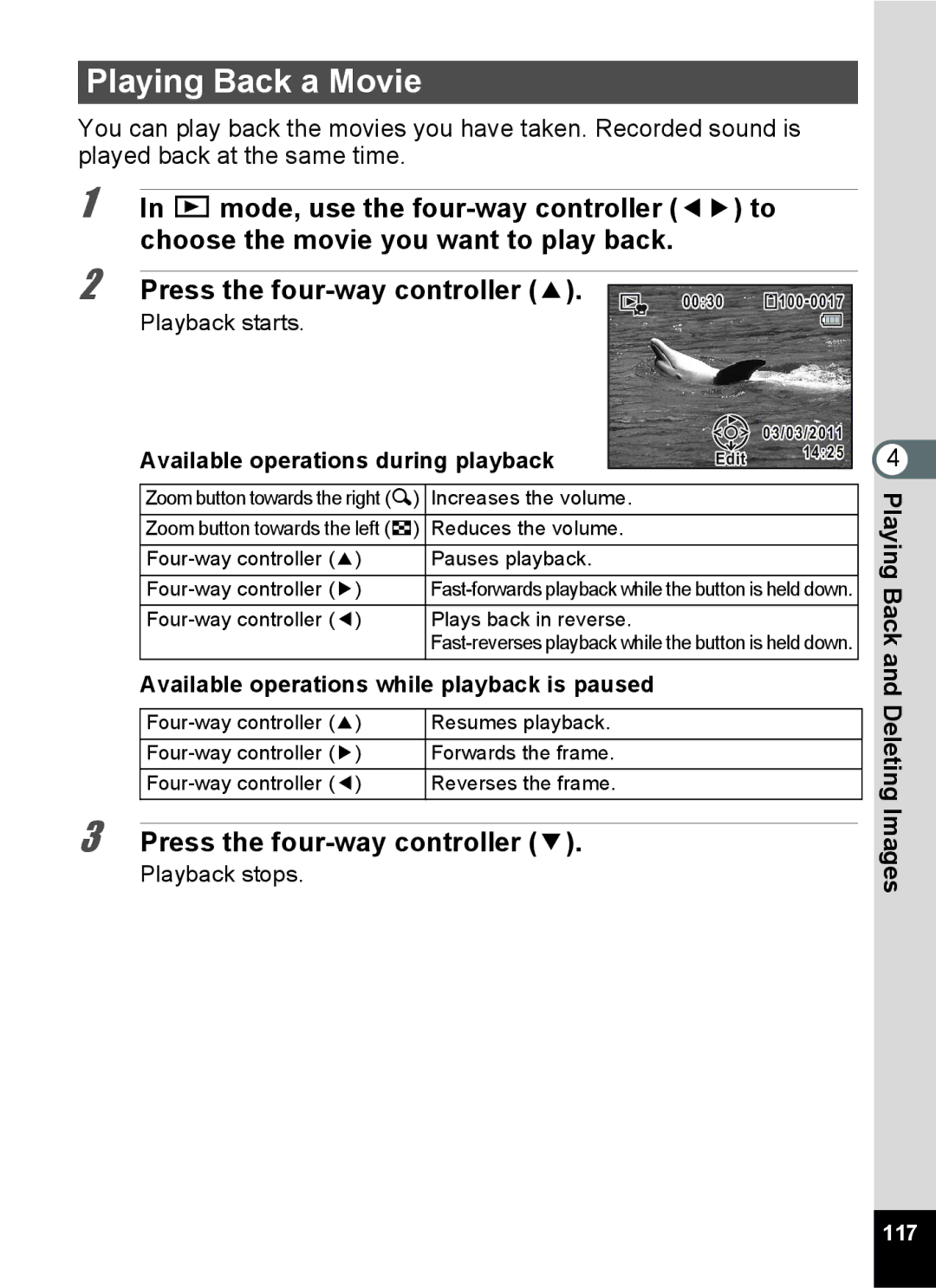 Pentax 15921 manual Playing Back a Movie, Deleting Images, Available operations during playback, 117 