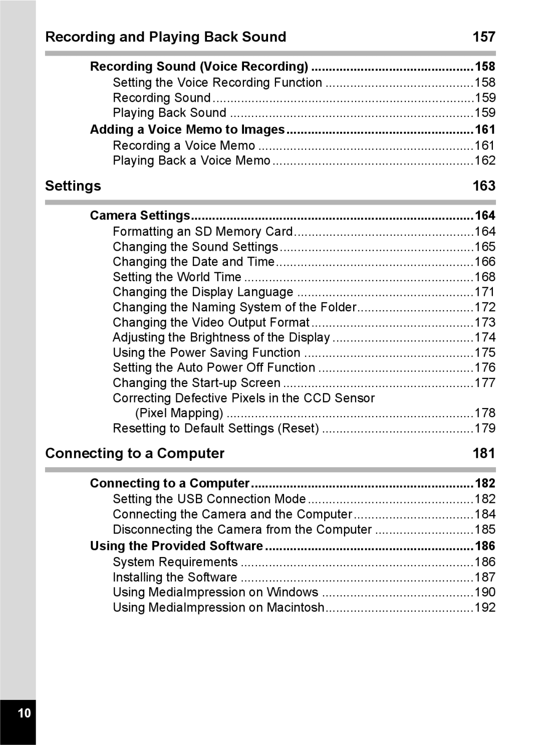 Pentax 15921 manual Recording and Playing Back Sound, Settings, Connecting to a Computer 