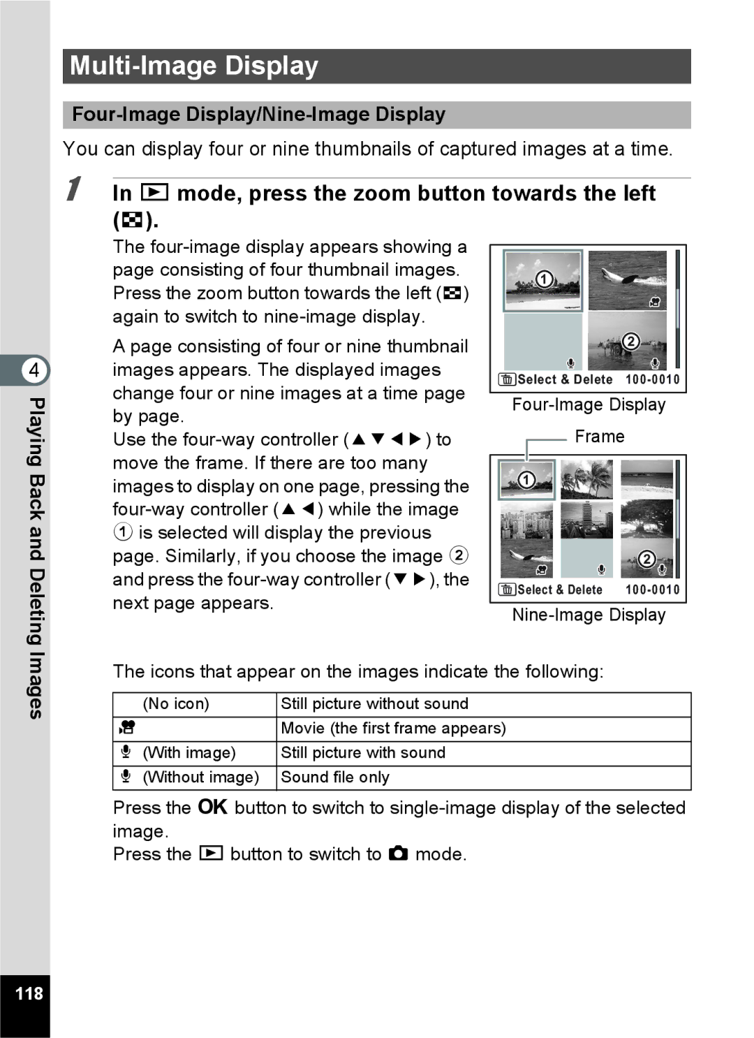 Pentax 15921 Multi-Image Display, Q mode, press the zoom button towards the left f, Four-Image Display/Nine-Image Display 