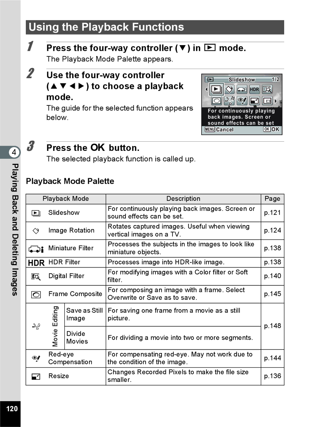 Pentax 15921 manual Using the Playback Functions, Press the four-way controller 3 in Q mode, Playback Mode Palette, 120 