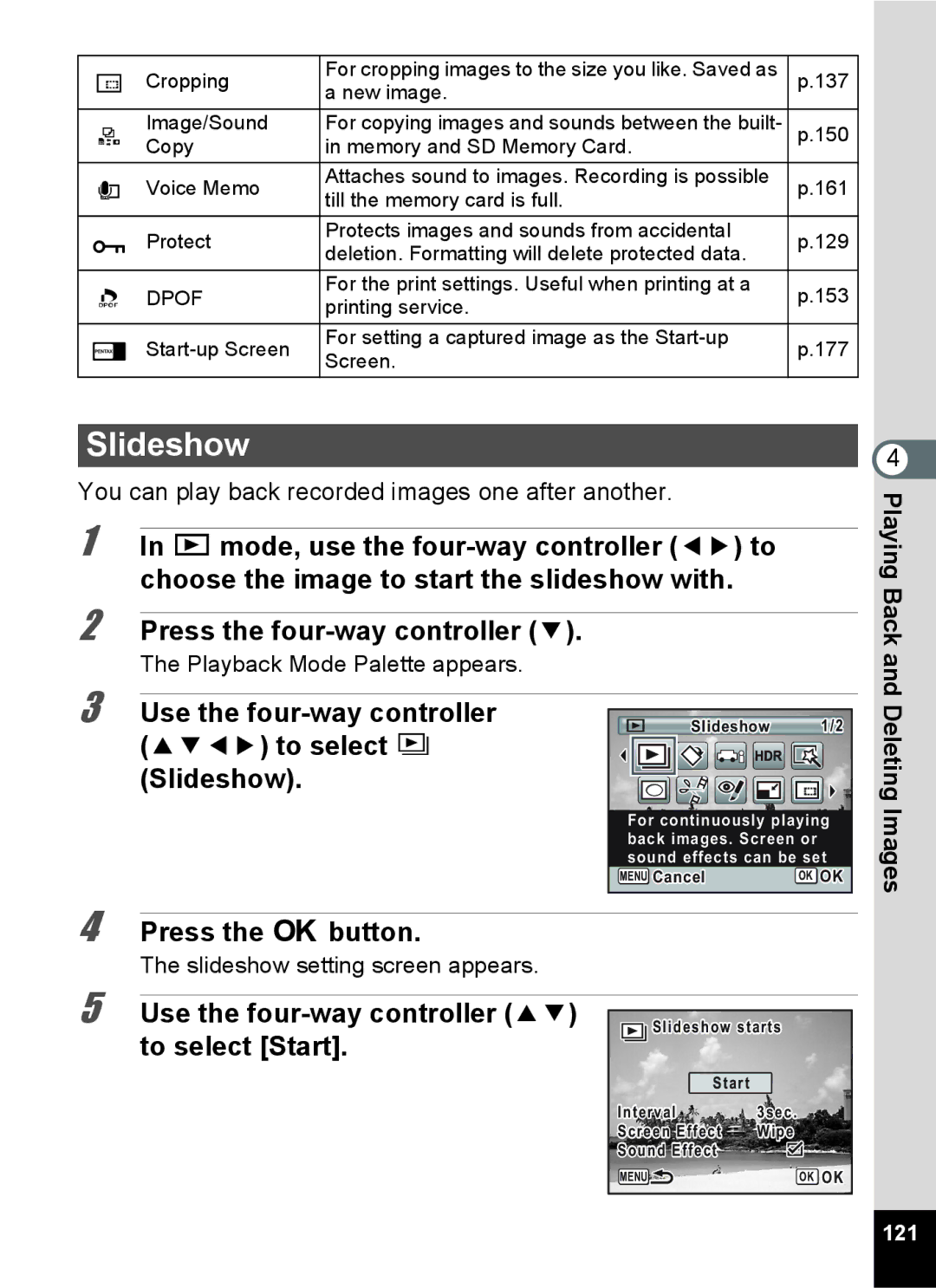 Pentax 15921 manual To select u Slideshow, To select Start, Playback Mode Palette appears, 121 