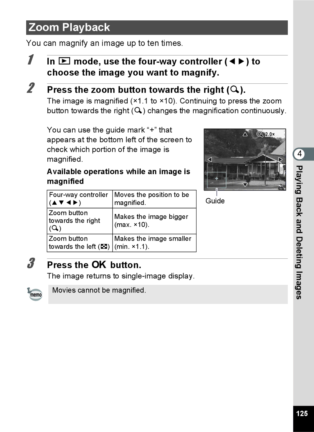 Pentax 15921 manual Zoom Playback, Available operations while an image is magnified, 125 