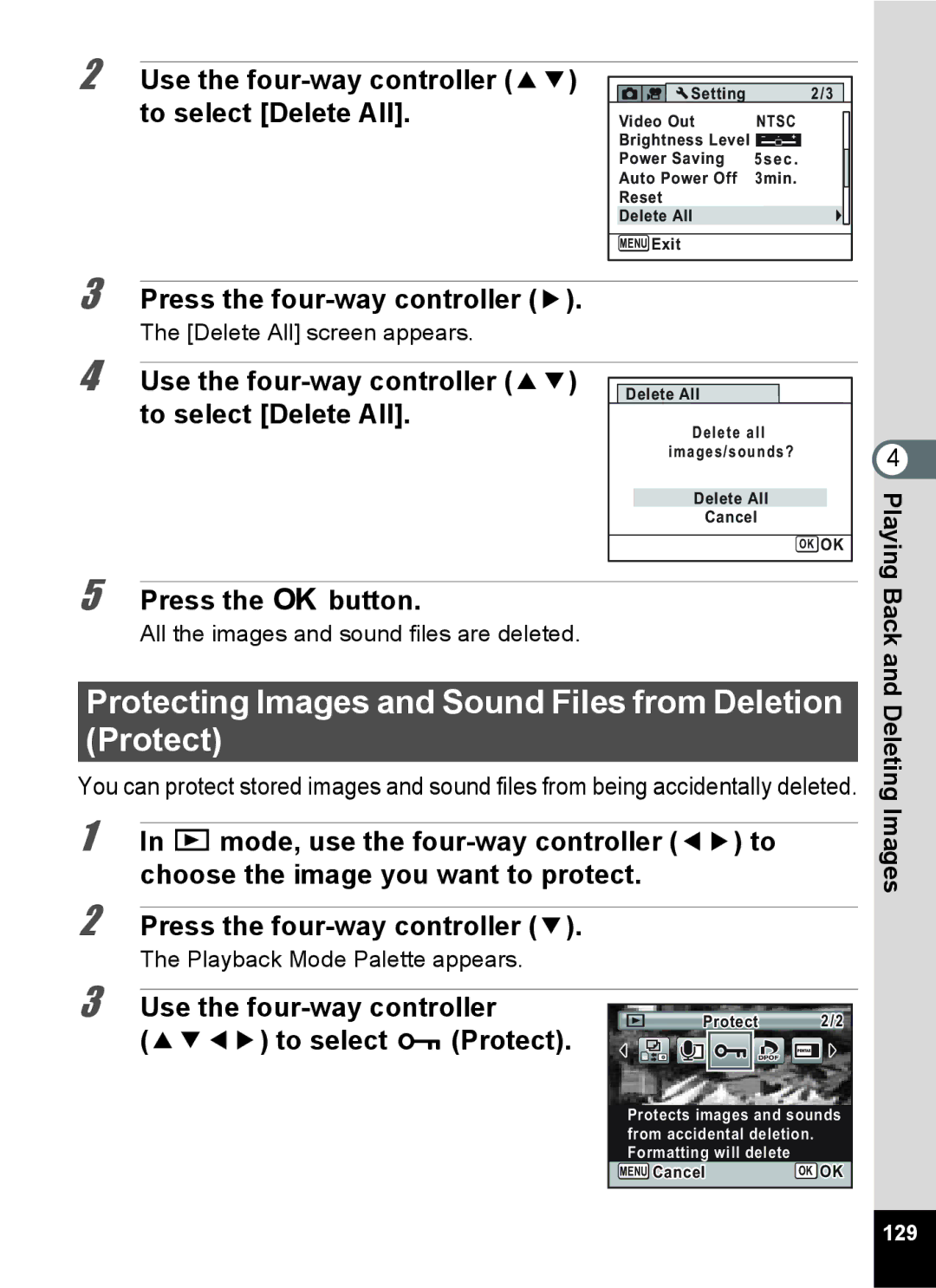 Pentax 15921 Protecting Images and Sound Files from Deletion Protect, Use the four-way controller 23 to select Delete All 