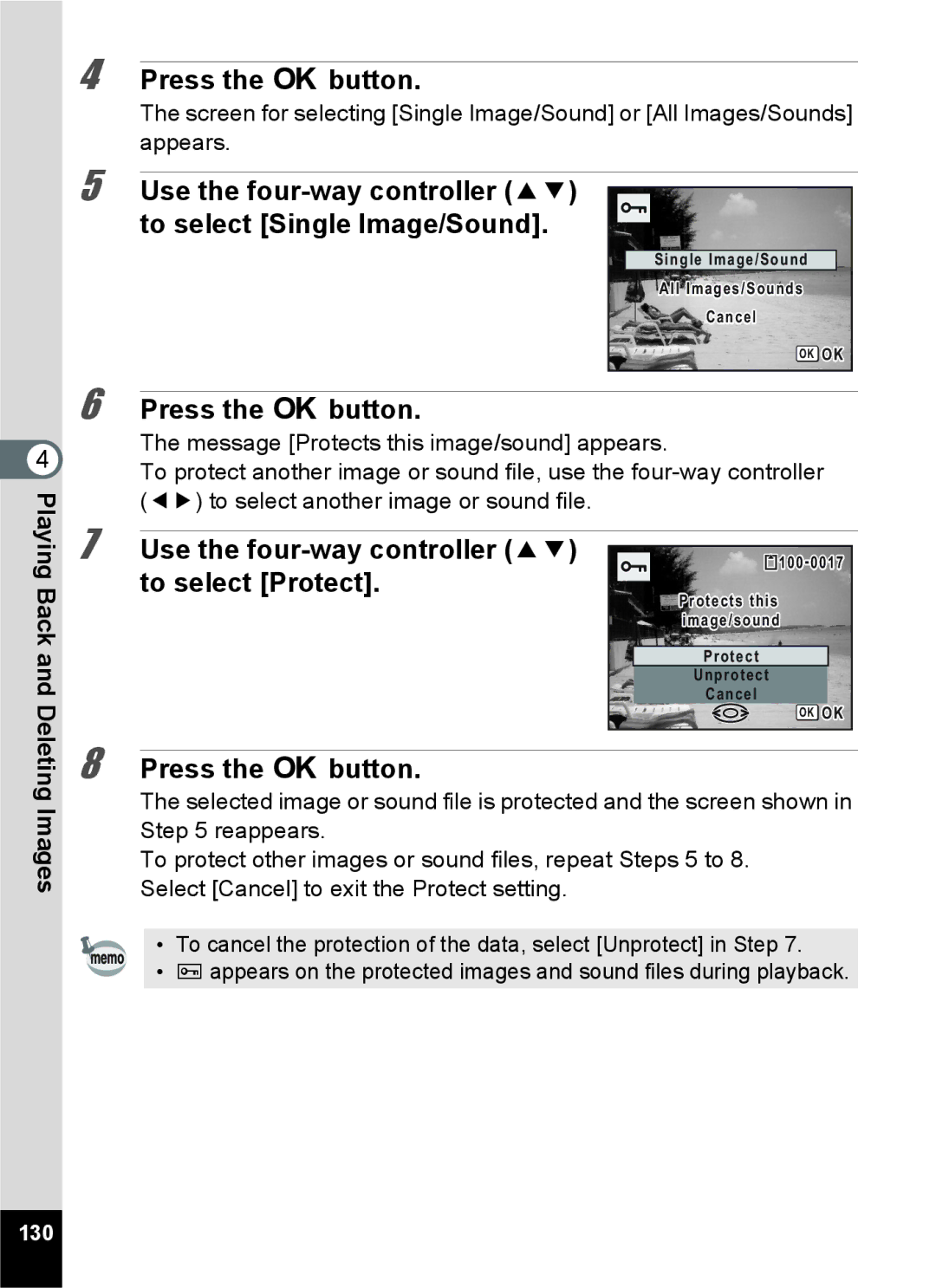 Pentax 15921 manual Use the four-way controller 23 to select Single Image/Sound, To select Protect, 130 