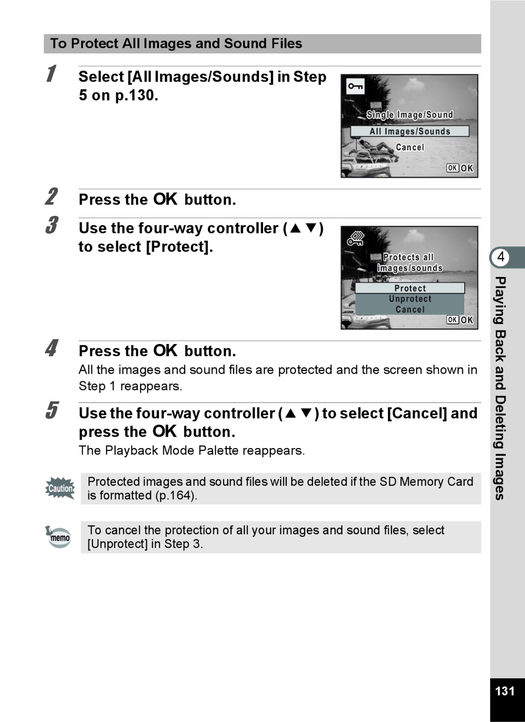 Pentax 15921 manual Select All Images/Sounds in Step On p.130, To Protect All Images and Sound Files, 131 