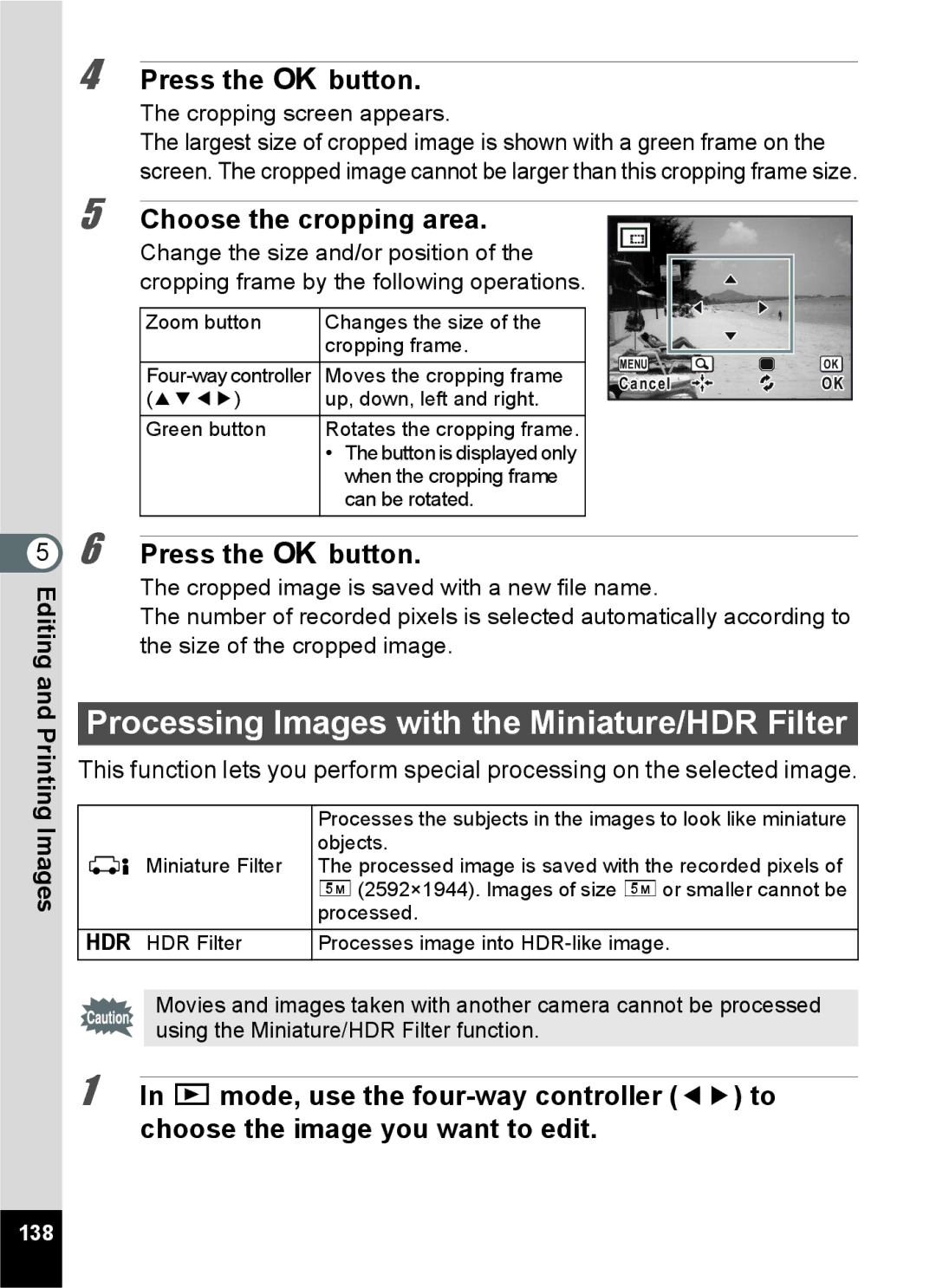 Pentax 15921 manual Processing Images with the Miniature/HDR Filter, Choose the cropping area, 138 