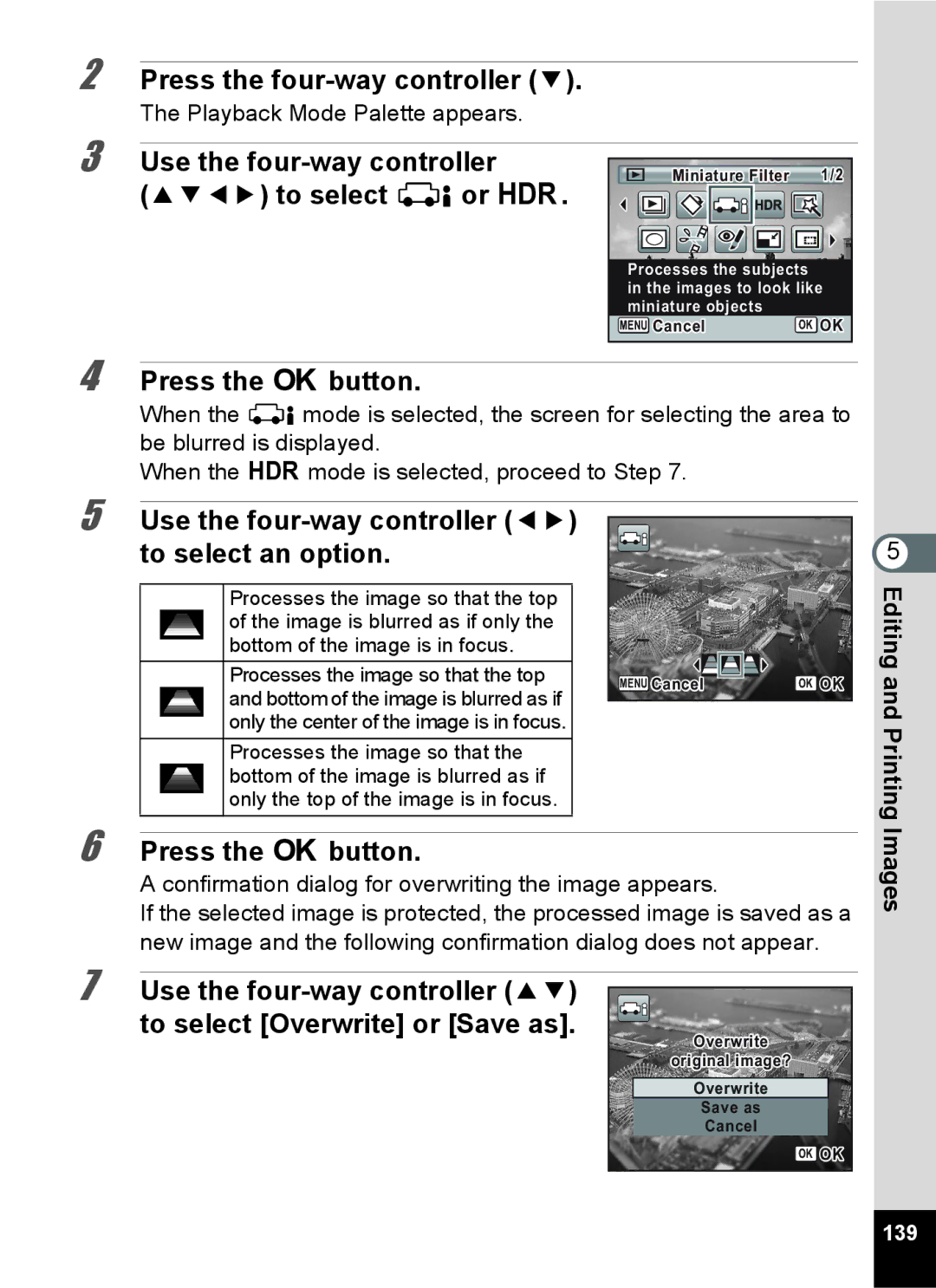 Pentax 15921 manual Editing and Printing, 139 