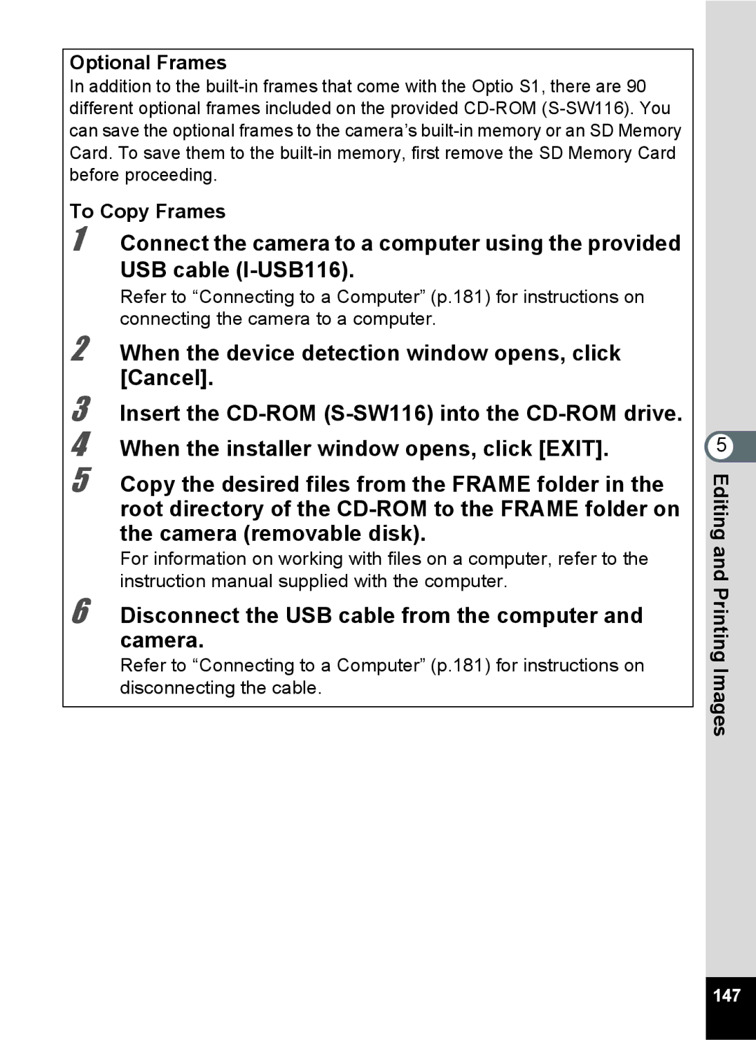 Pentax 15921 manual Optional Frames, To Copy Frames, 147 