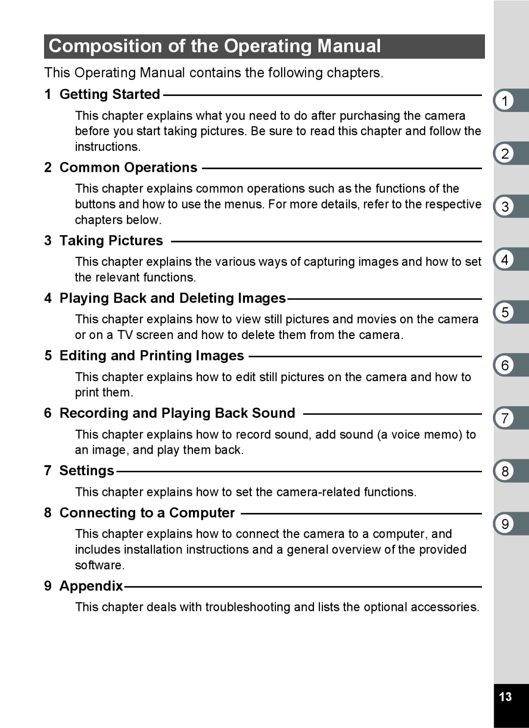 Pentax 15921 manual Composition of the Operating Manual, Appendix, Settings 