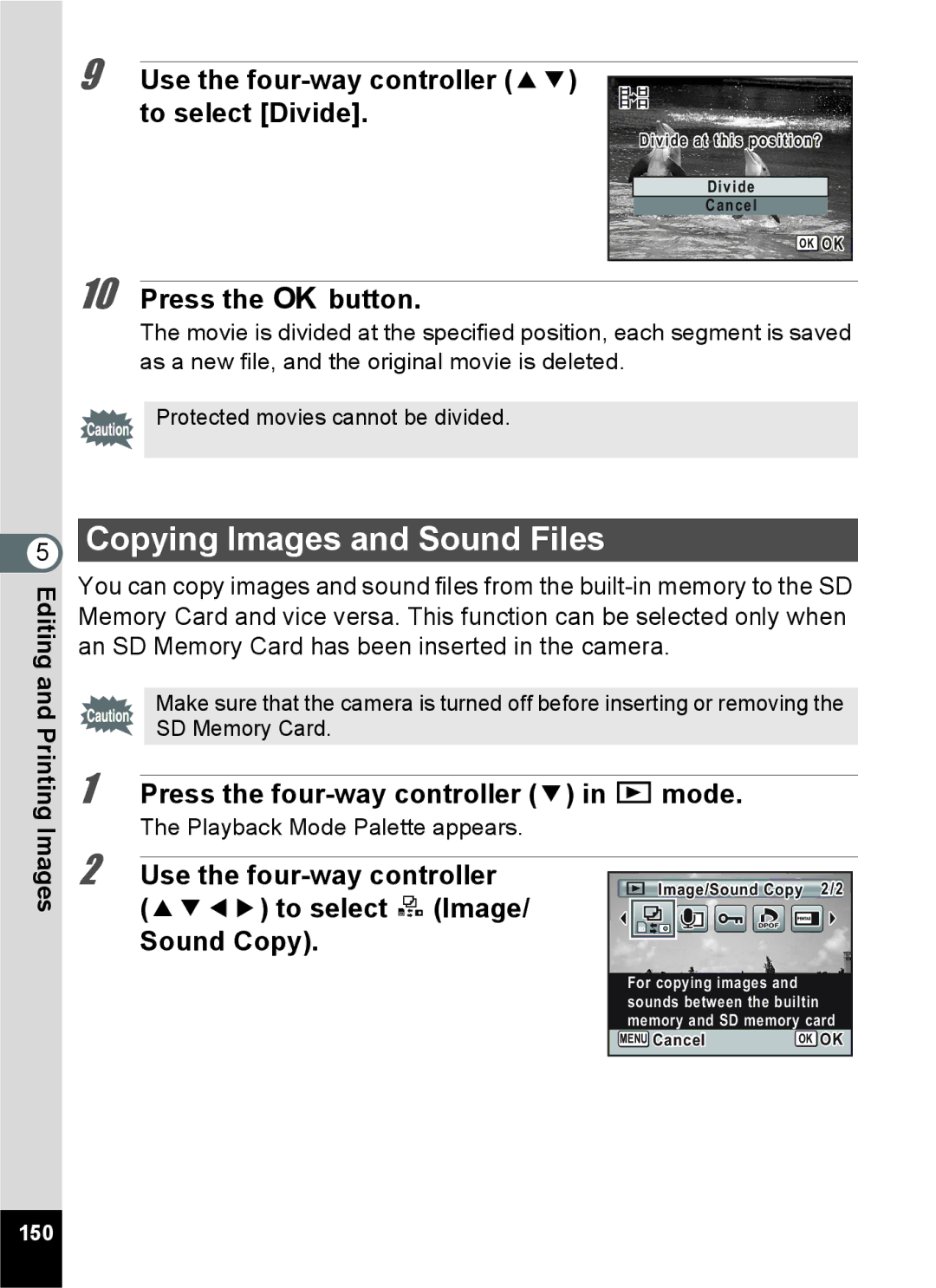 Pentax 15921 Copying Images and Sound Files, Use the four-way controller 23 to select Divide, To select pImage Sound Copy 