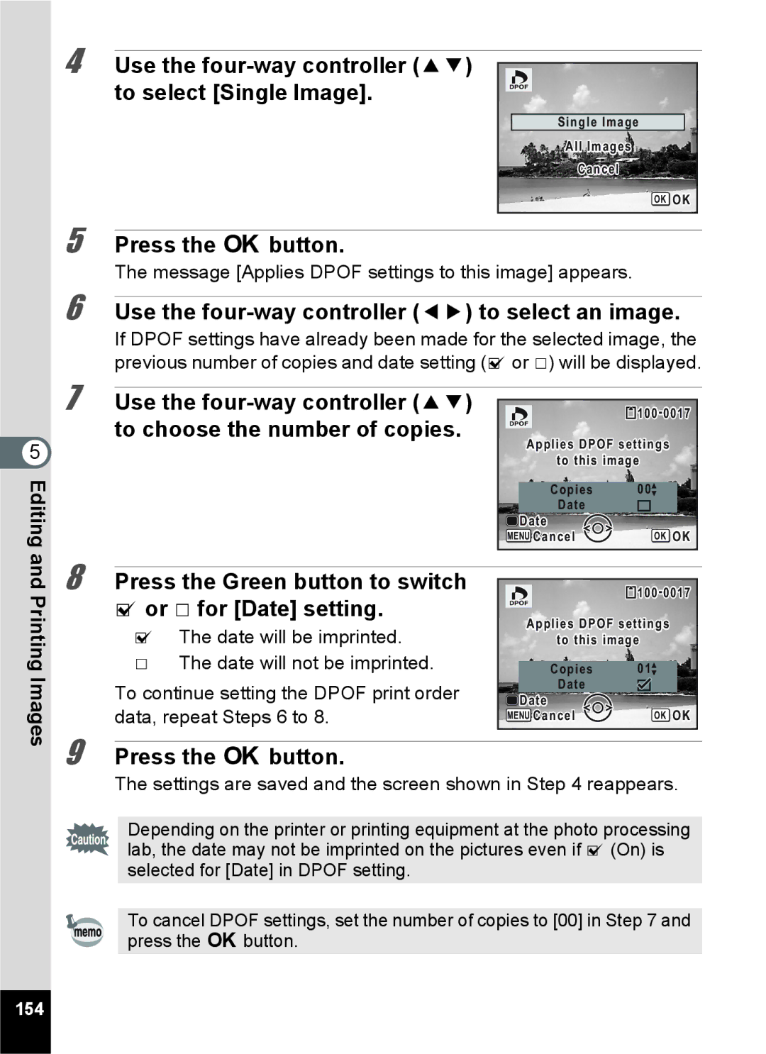 Pentax 15921 Use the four-way controller 23 to select Single Image, Use the four-way controller 45 to select an image, 154 