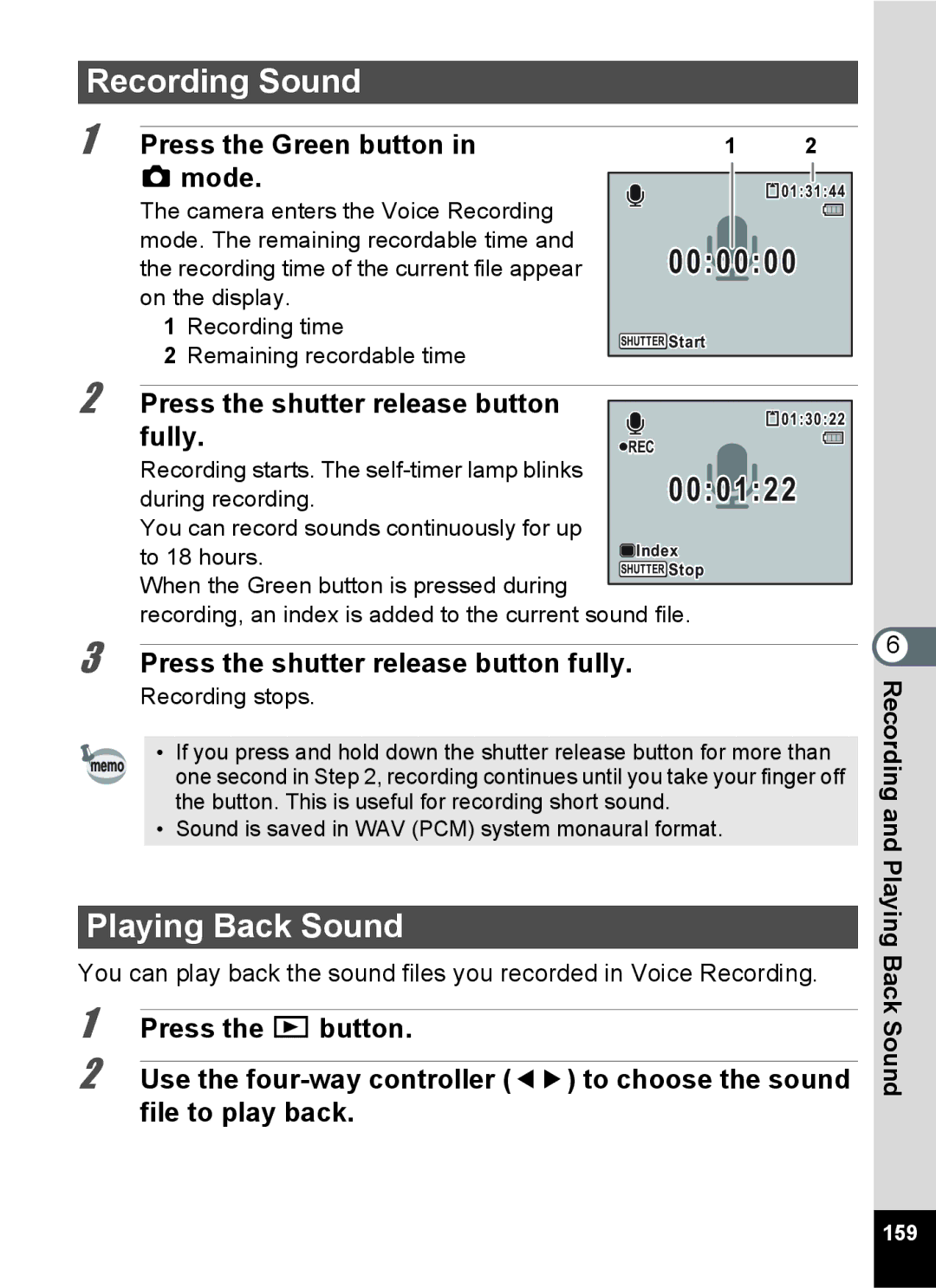 Pentax 15921 manual Recording Sound, Playing Back Sound, Press the Green button Mode, Press the shutter release button 