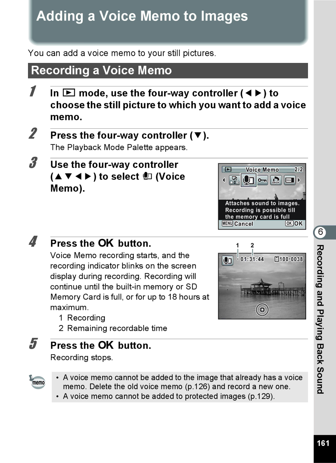 Pentax 15921 manual Adding a Voice Memo to Images, Recording a Voice Memo, To select \Voice Memo, Back Sound, 161 