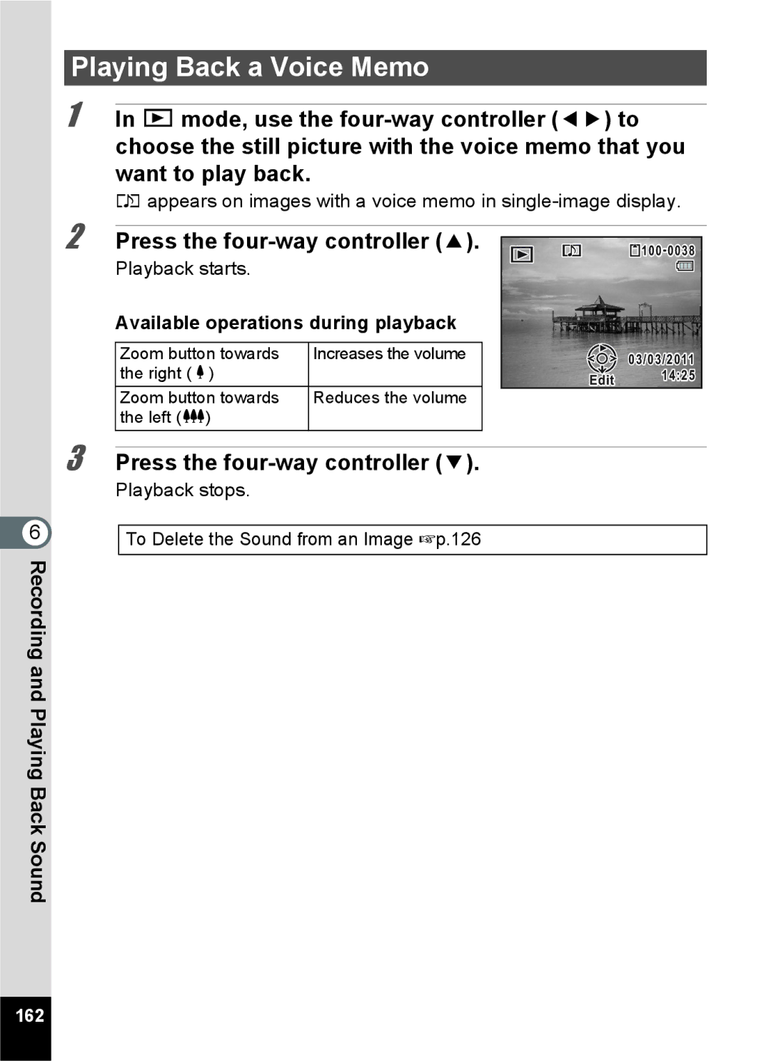 Pentax 15921 manual Playing Back a Voice Memo, 162 