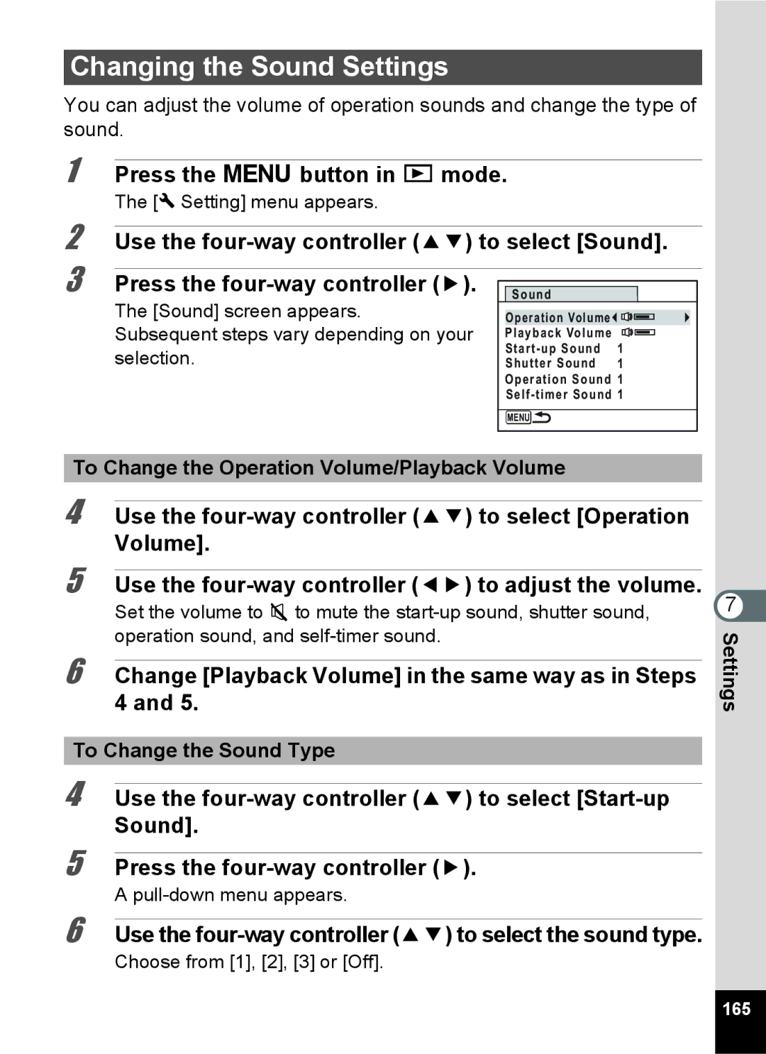 Pentax 15921 manual Changing the Sound Settings, 165 