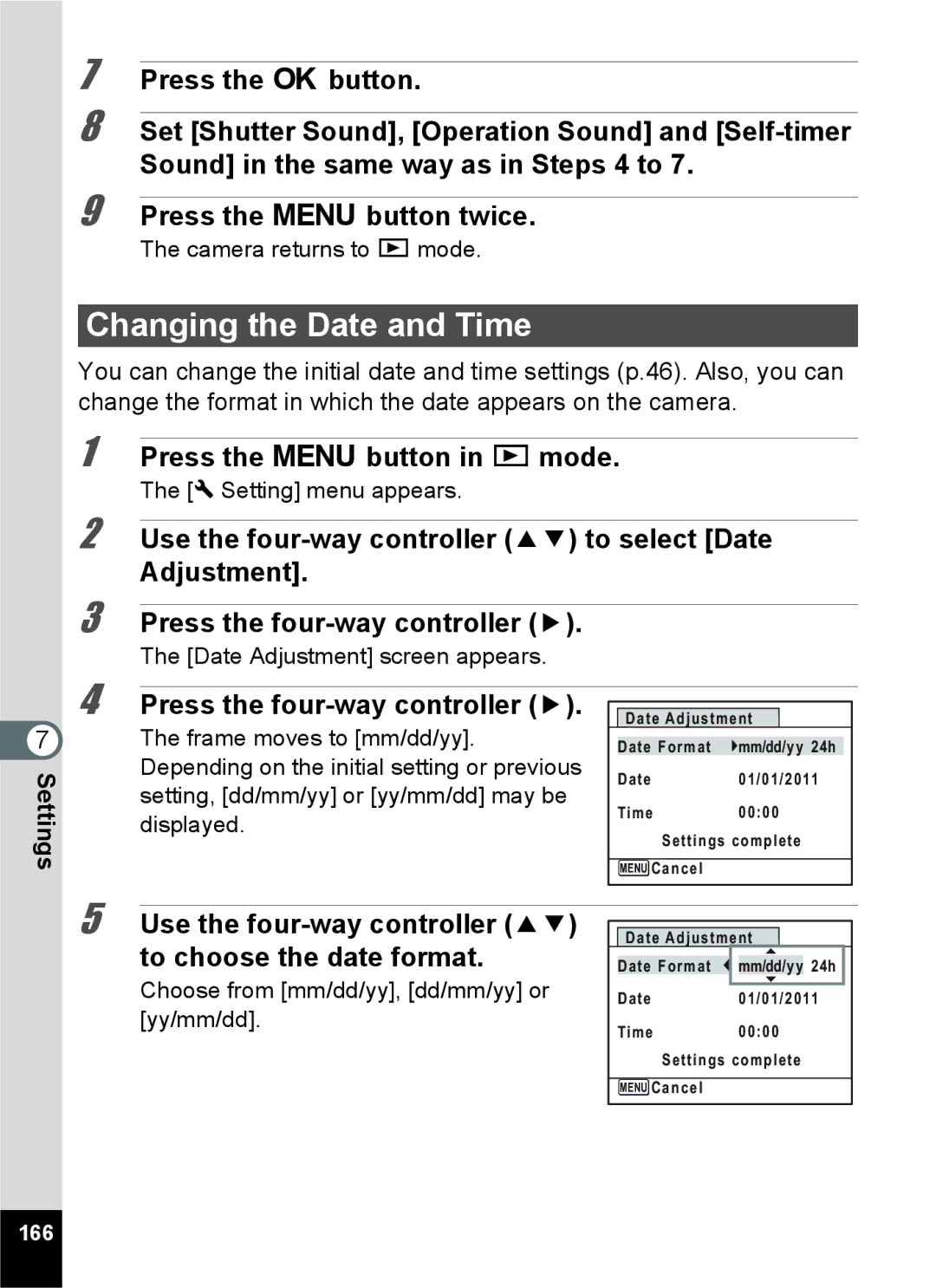 Pentax 15921 manual Changing the Date and Time, Adjustment Press the four-way controller, 166 