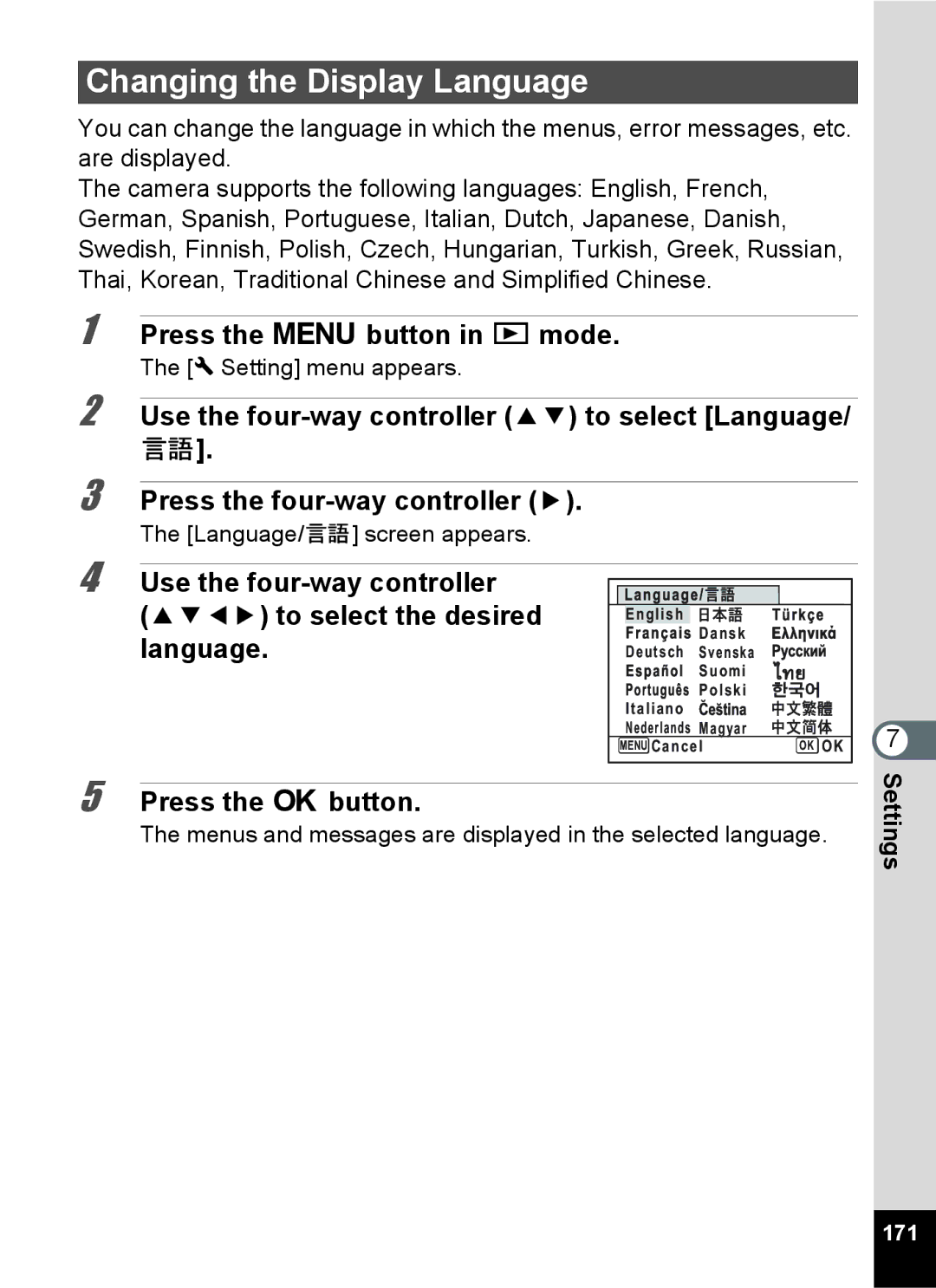 Pentax 15921 manual Changing the Display Language, To select the desired, 171 