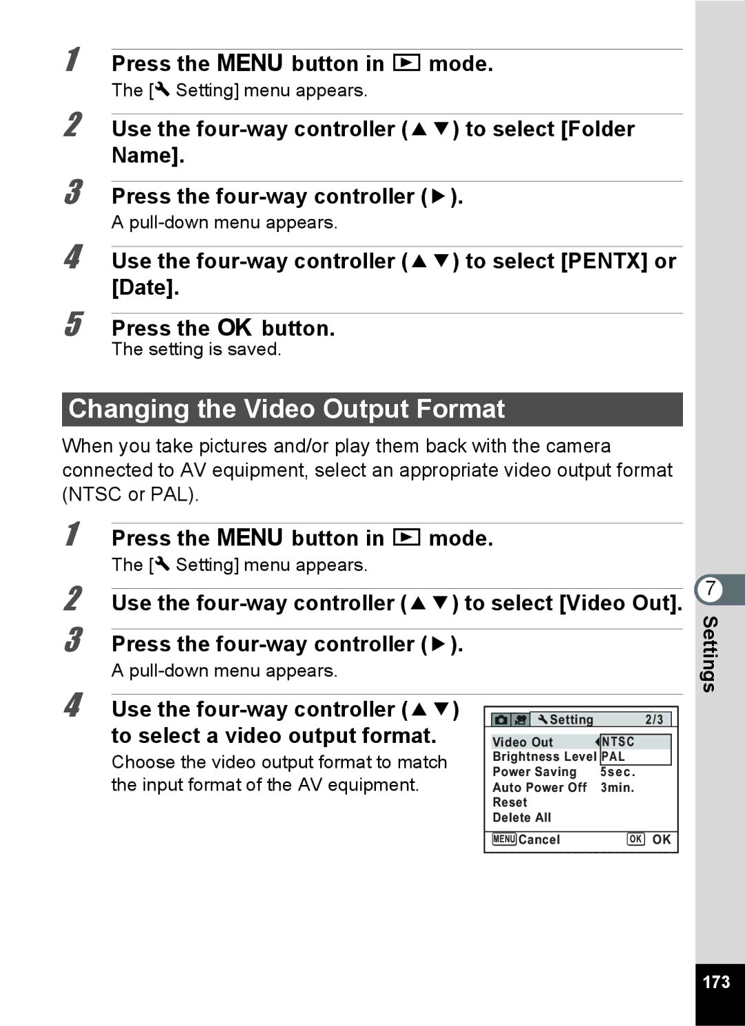 Pentax 15921 manual Changing the Video Output Format, 173 