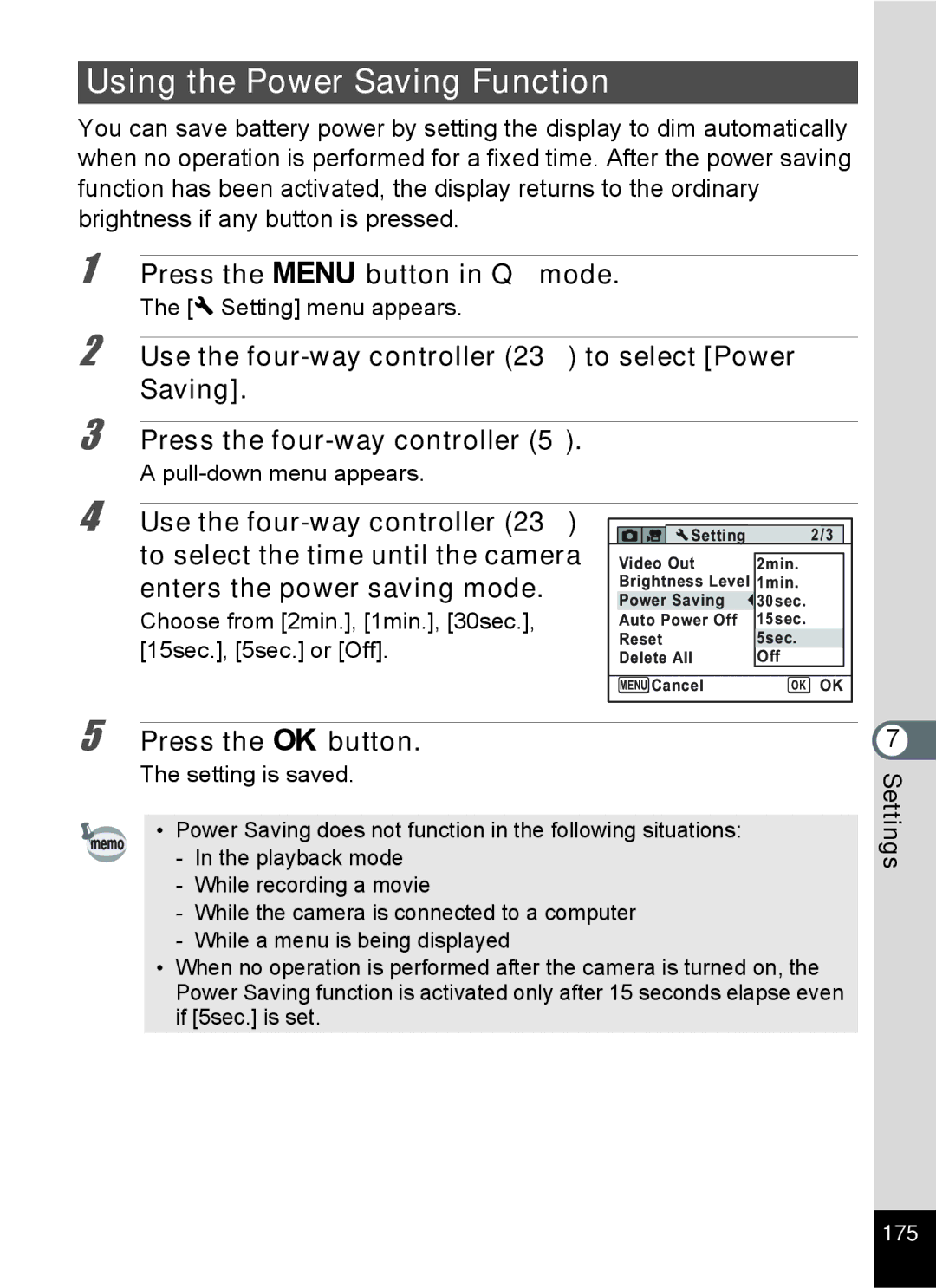 Pentax 15921 Using the Power Saving Function, Use the four-way controller 23 to select Power, Enters the power saving mode 