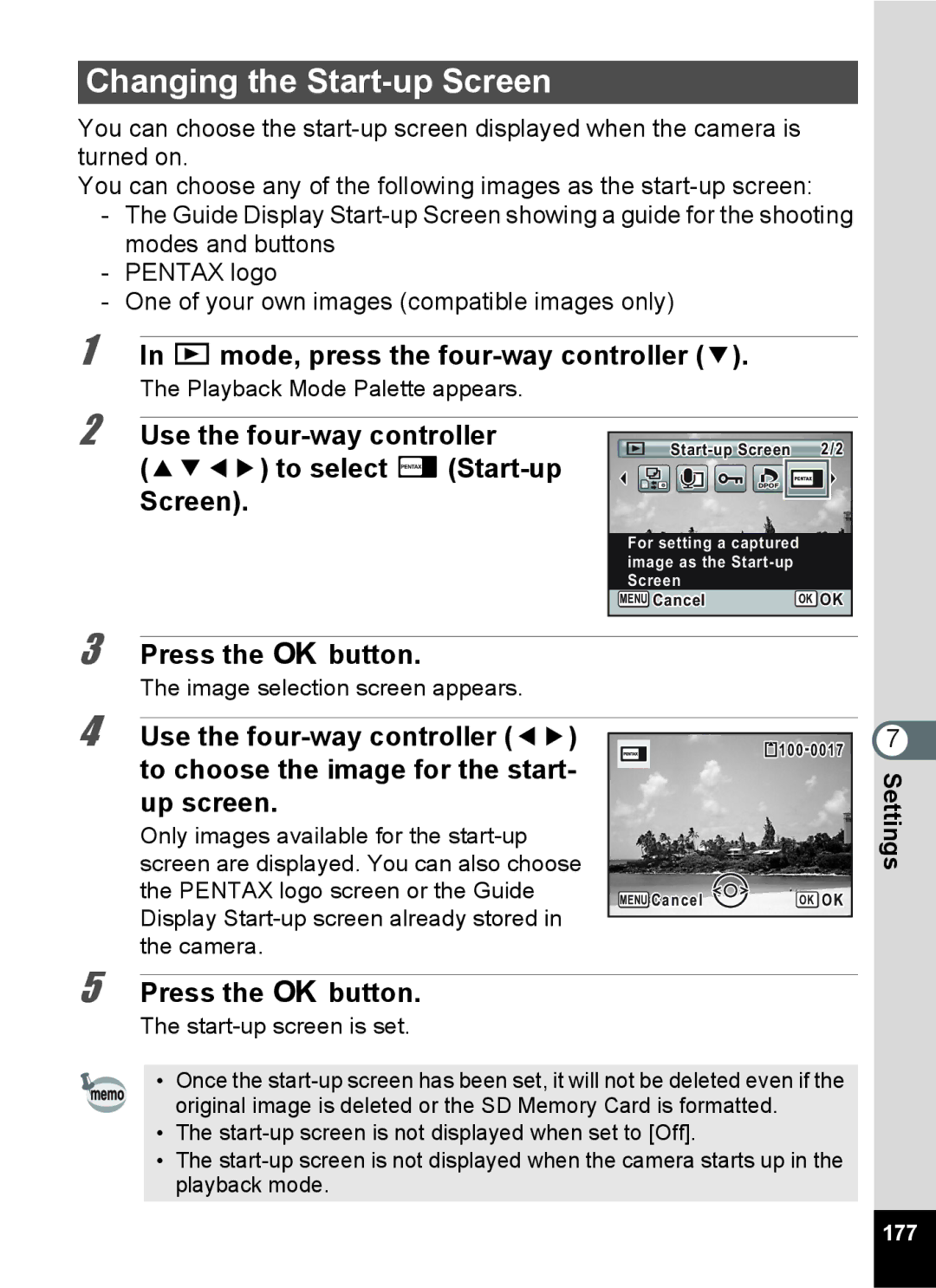 Pentax 15921 manual Changing the Start-up Screen, Q mode, press the four-way controller, To select RStart-up Screen 