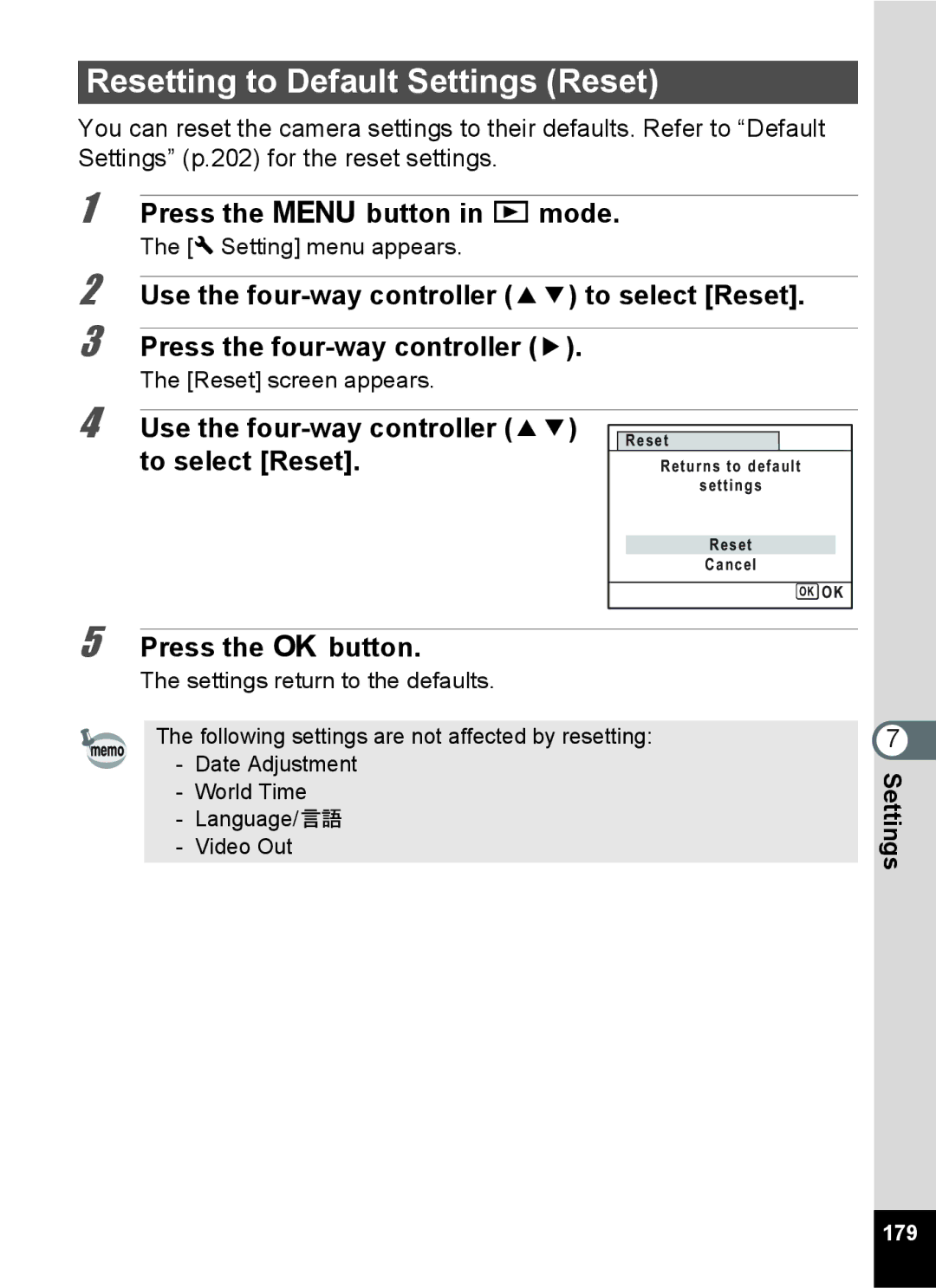 Pentax 15921 manual Resetting to Default Settings Reset, Use the four-way controller 23 to select Reset, 179 