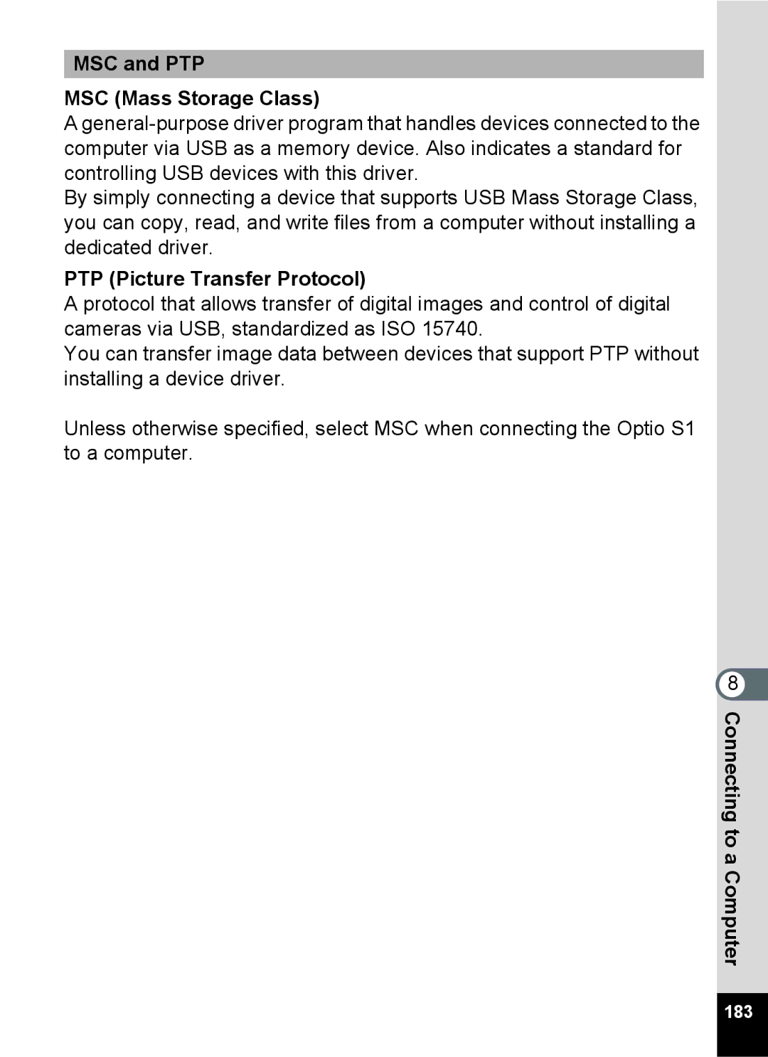 Pentax 15921 manual MSC and PTP MSC Mass Storage Class, PTP Picture Transfer Protocol, Computer, 183 