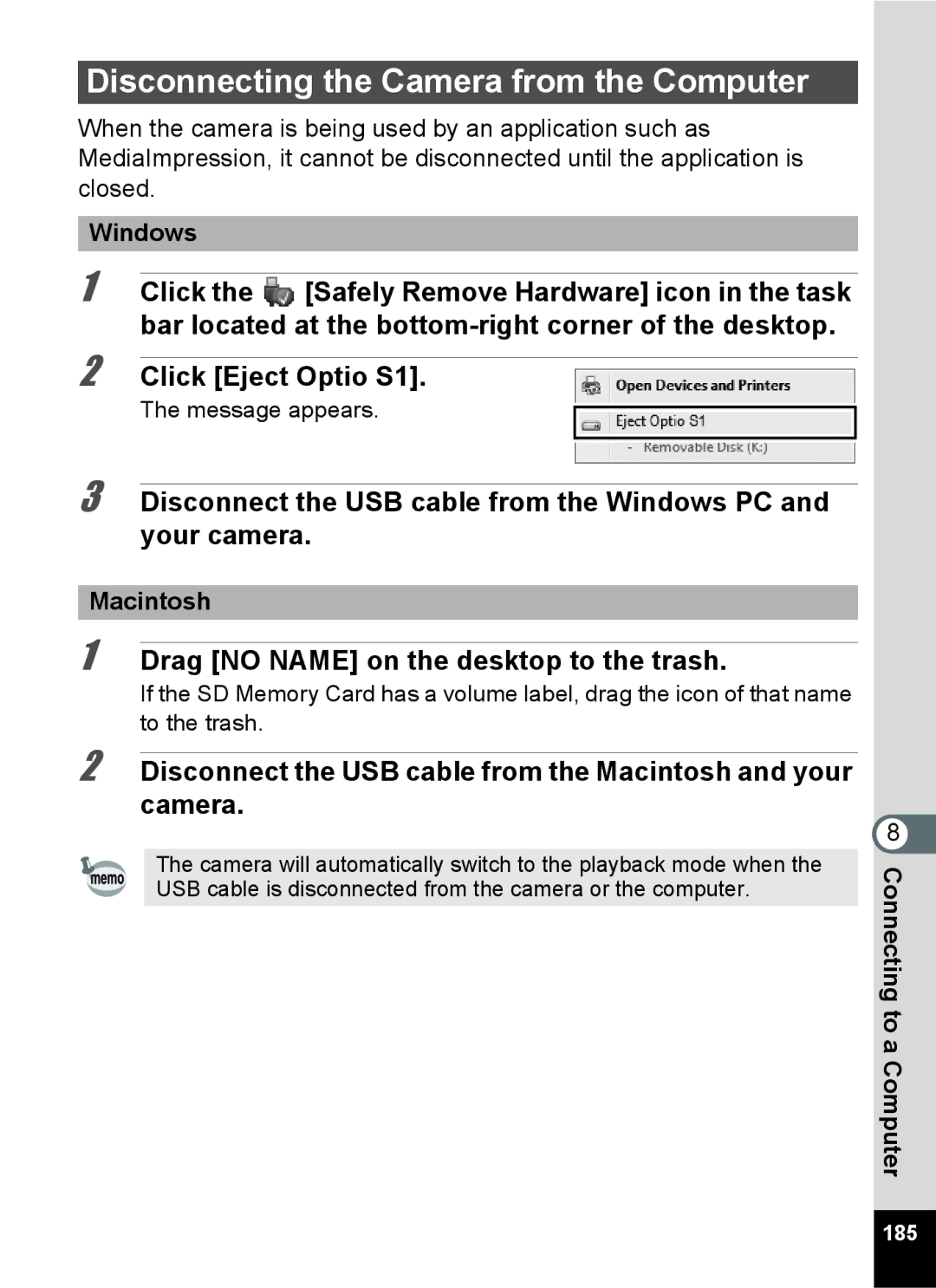 Pentax 15921 Disconnecting the Camera from the Computer, Drag no Name on the desktop to the trash, Windows, Macintosh 