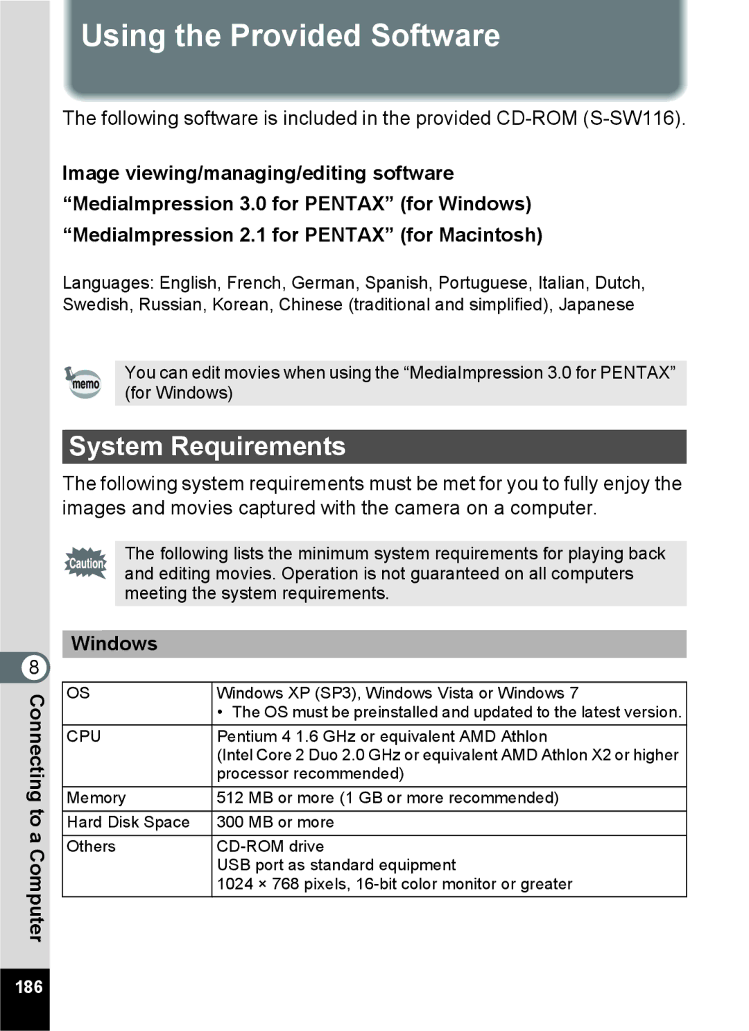 Pentax 15921 manual Using the Provided Software, System Requirements, 186 