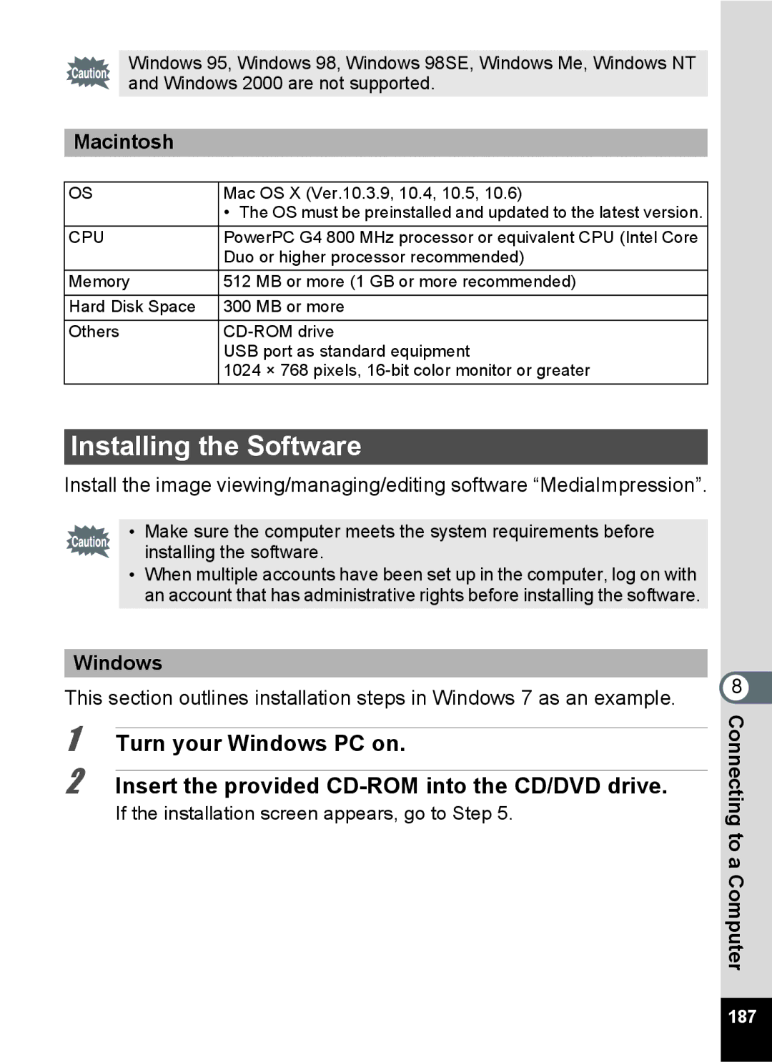 Pentax 15921 manual Installing the Software, 187 