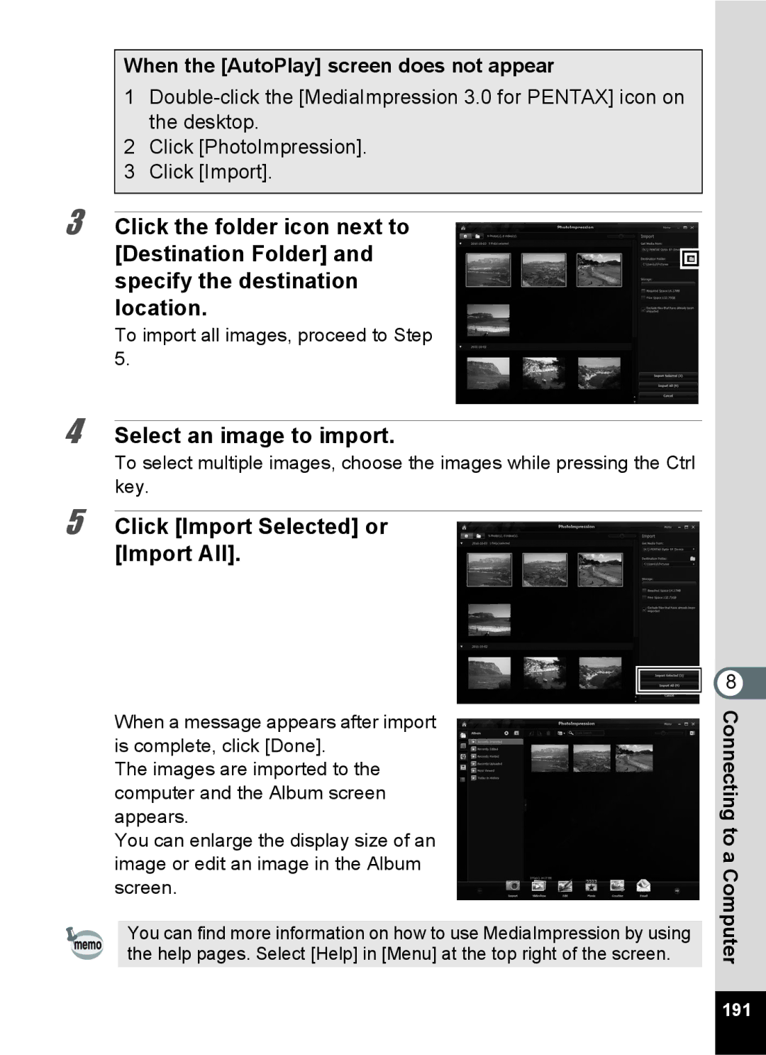 Pentax 15921 Select an image to import, Click Import Selected or Import All, When the AutoPlay screen does not appear, 191 