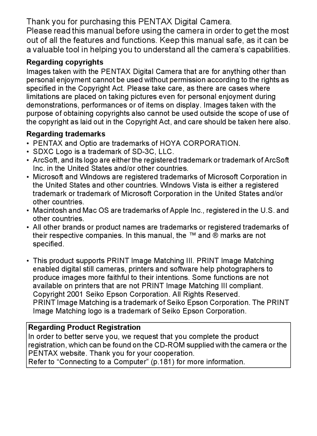 Pentax 15921 manual Regarding copyrights, Regarding trademarks, Regarding Product Registration 