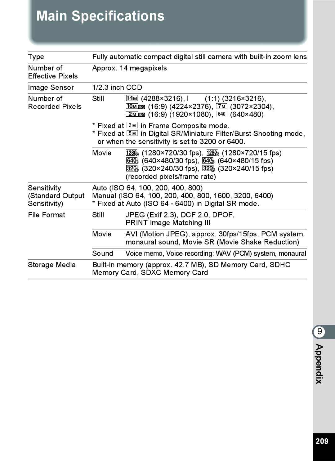 Pentax 15921 manual Main Specifications, 209 