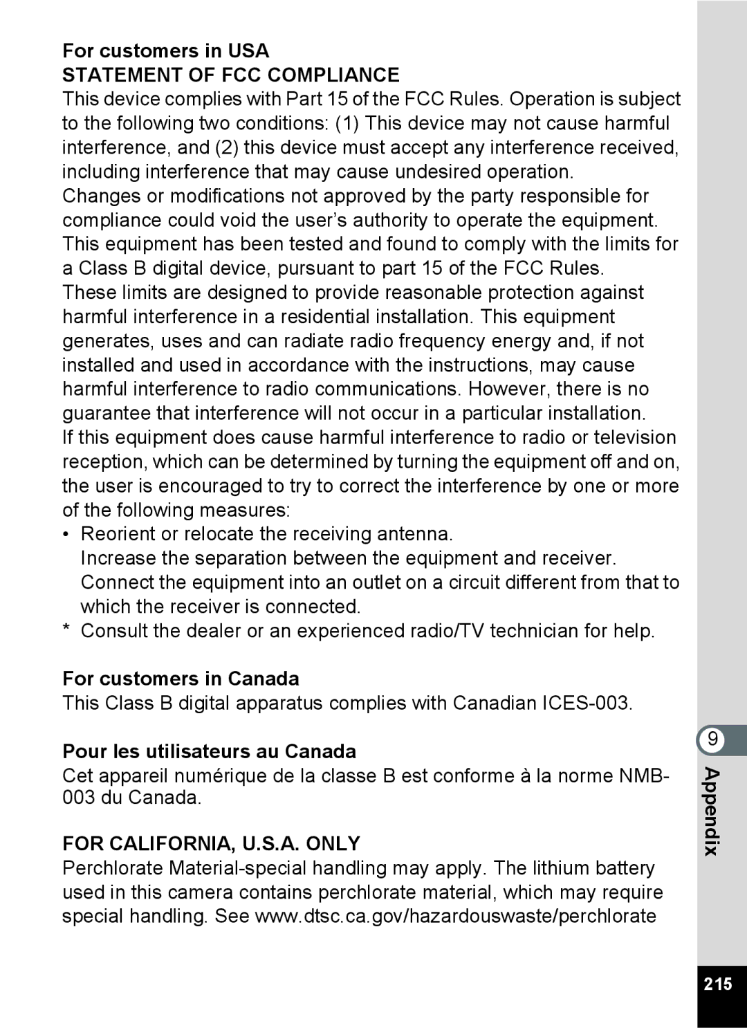 Pentax 15921 manual For customers in USA, For customers in Canada, Pour les utilisateurs au Canada, 215 