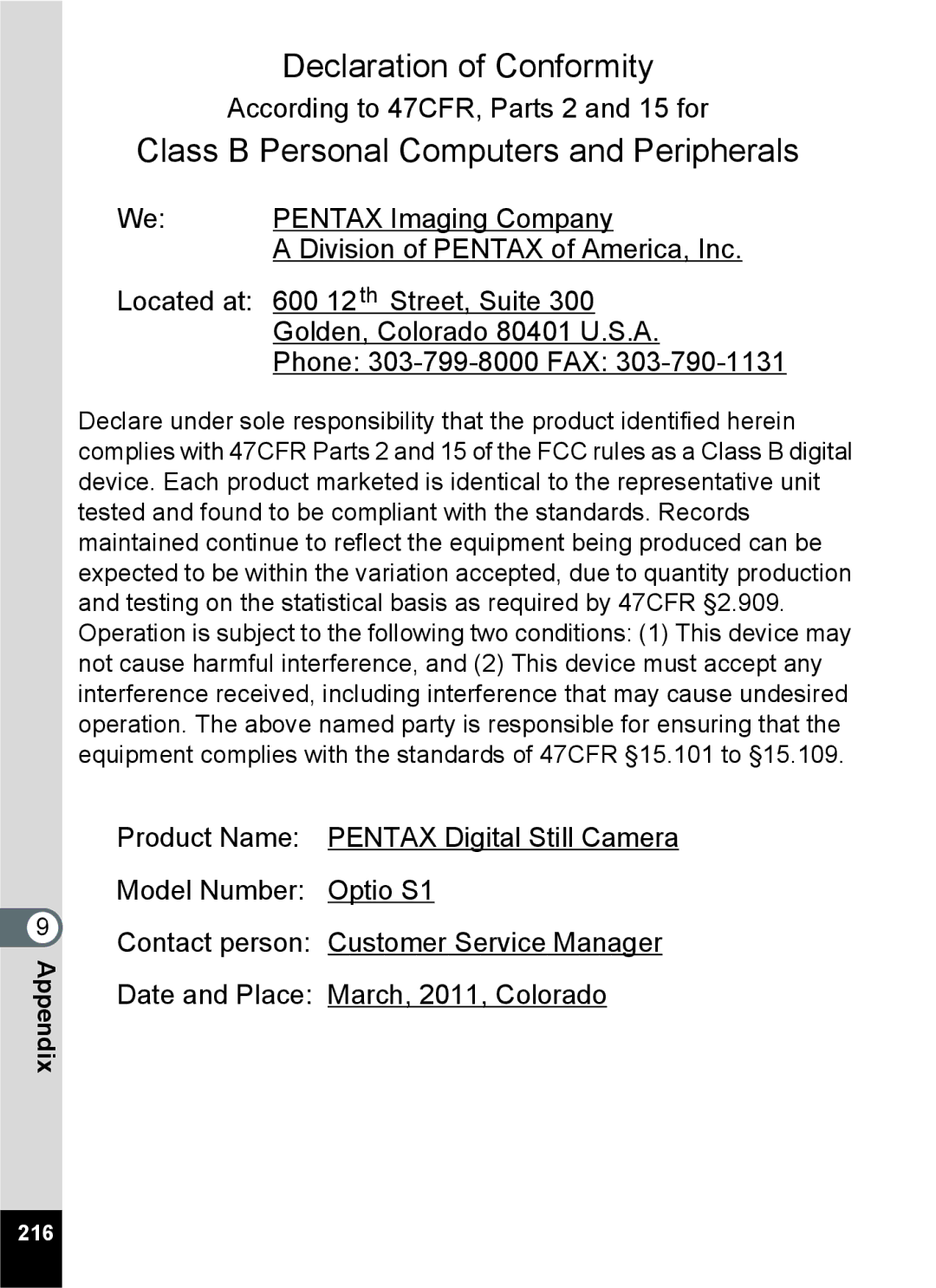 Pentax 15921 manual Class B Personal Computers and Peripherals, 216 