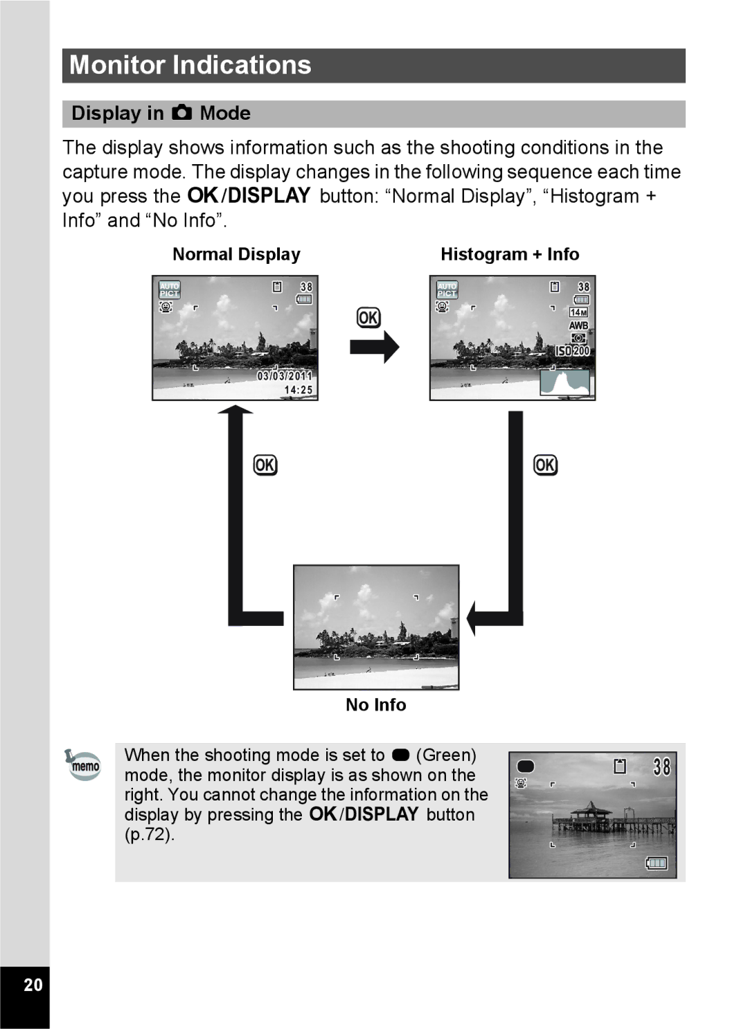 Pentax 15921 manual Monitor Indications, Display in a Mode, Normal Display, No Info 
