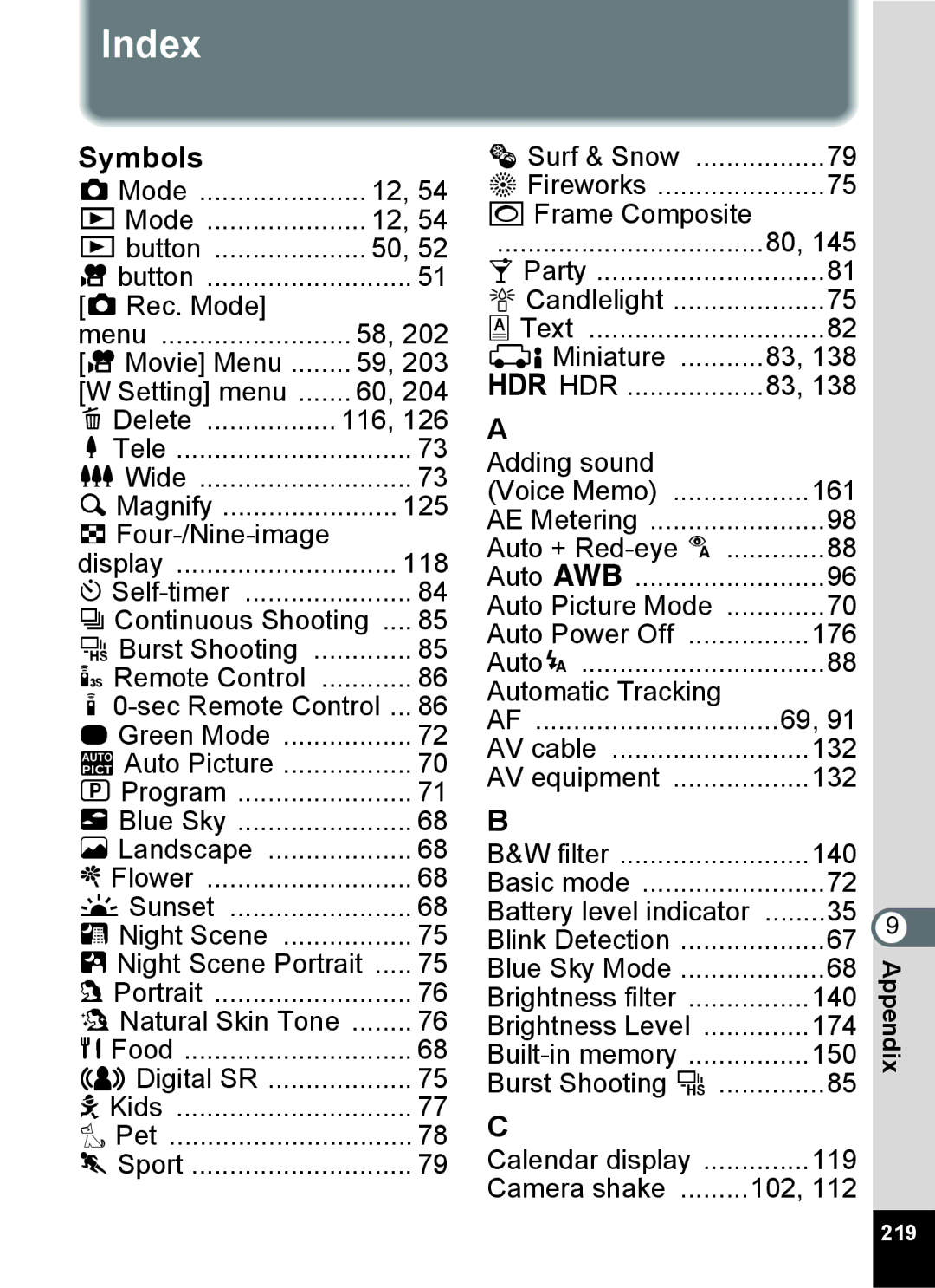 Pentax 15921 manual Index, 219 