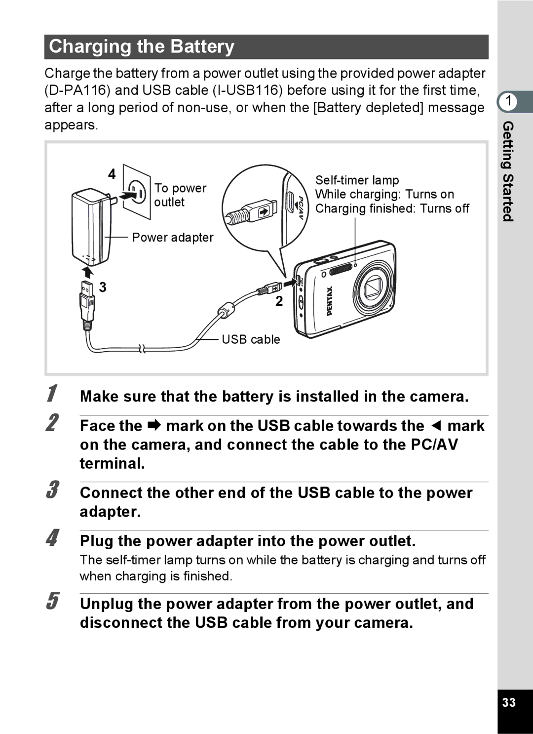 Pentax 15921 manual Charging the Battery 