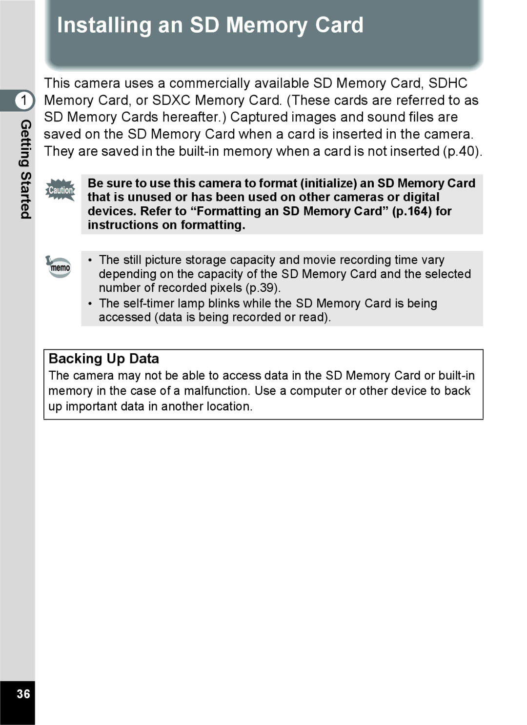 Pentax 15921 manual Installing an SD Memory Card, Backing Up Data 