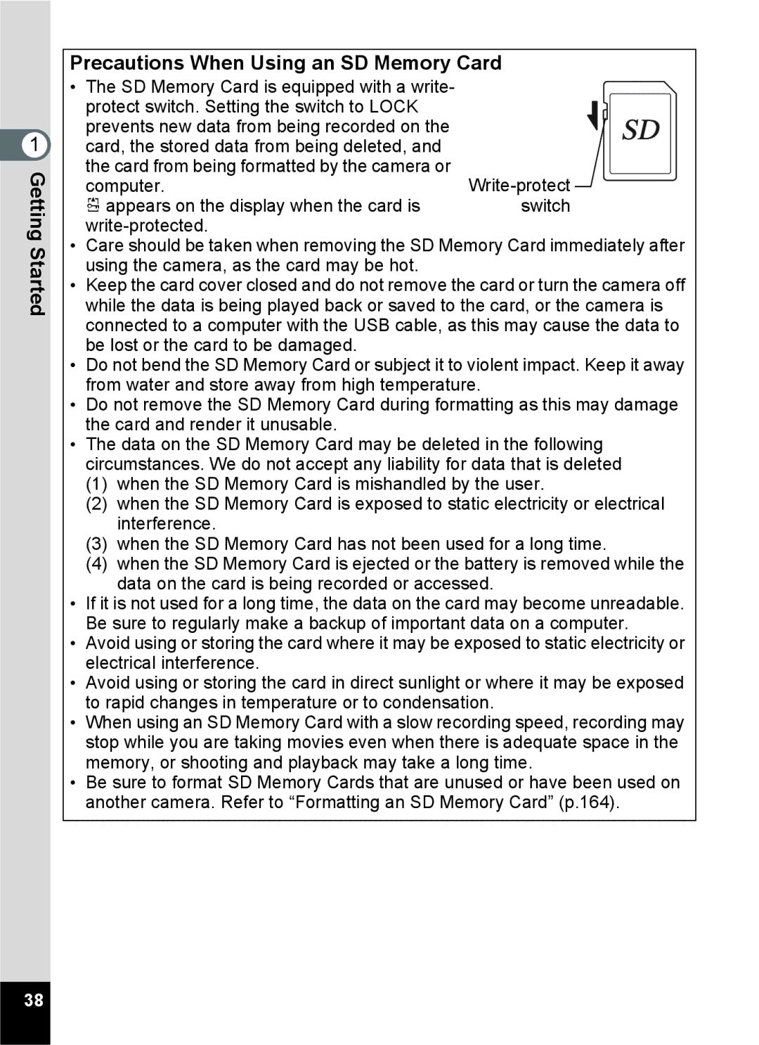 Pentax 15921 manual Precautions When Using an SD Memory Card 