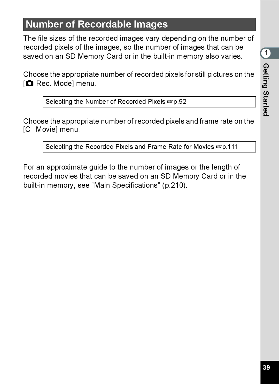 Pentax 15921 manual Number of Recordable Images 