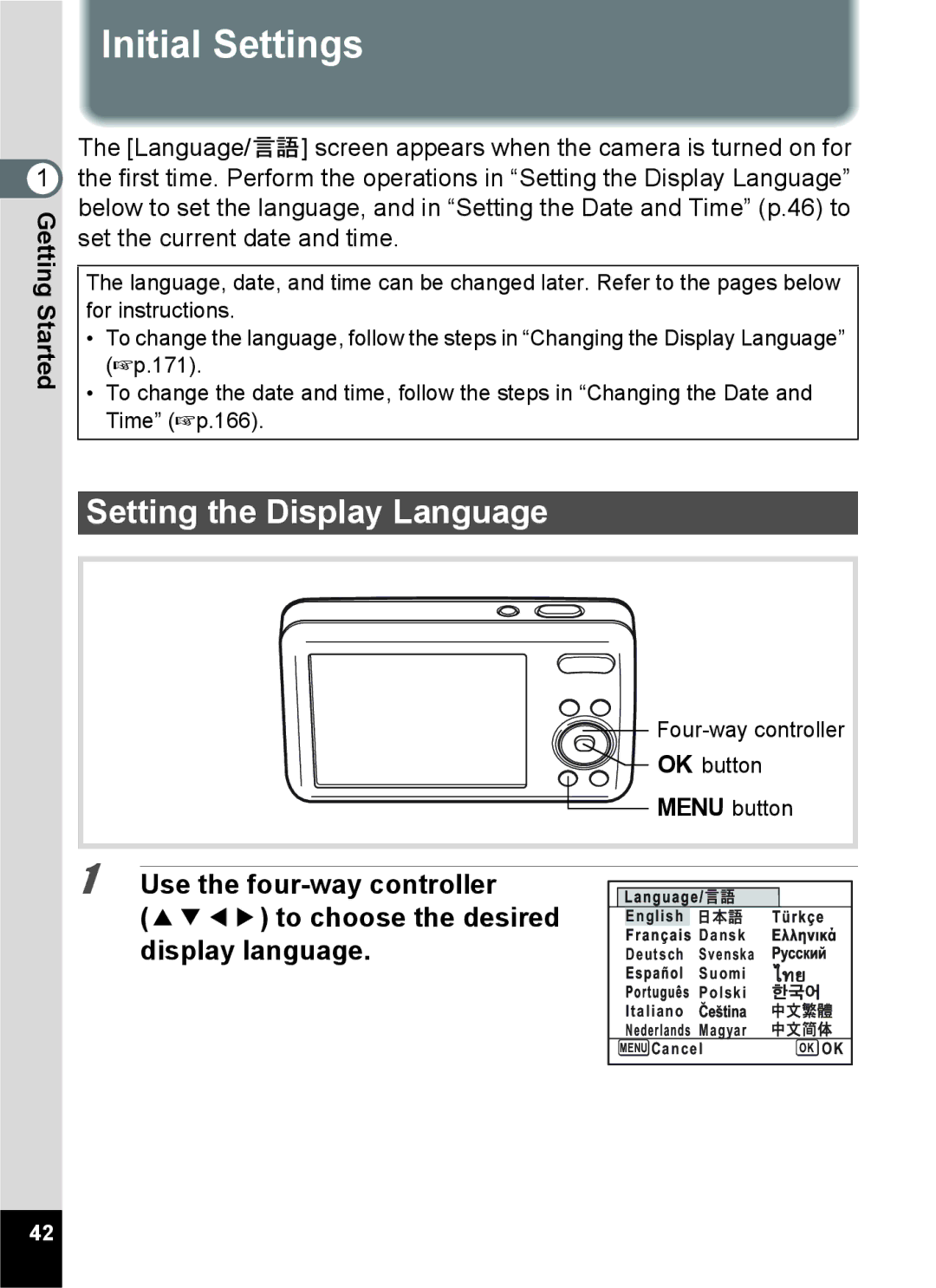 Pentax 15921 manual Initial Settings, Setting the Display Language 